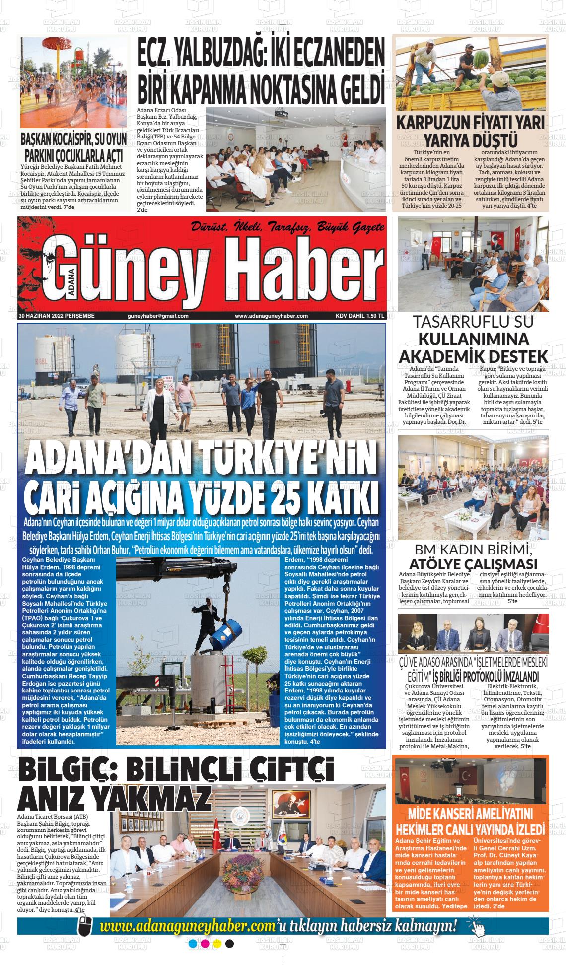 30 Haziran 2022 Adana Güney Haber Gazete Manşeti