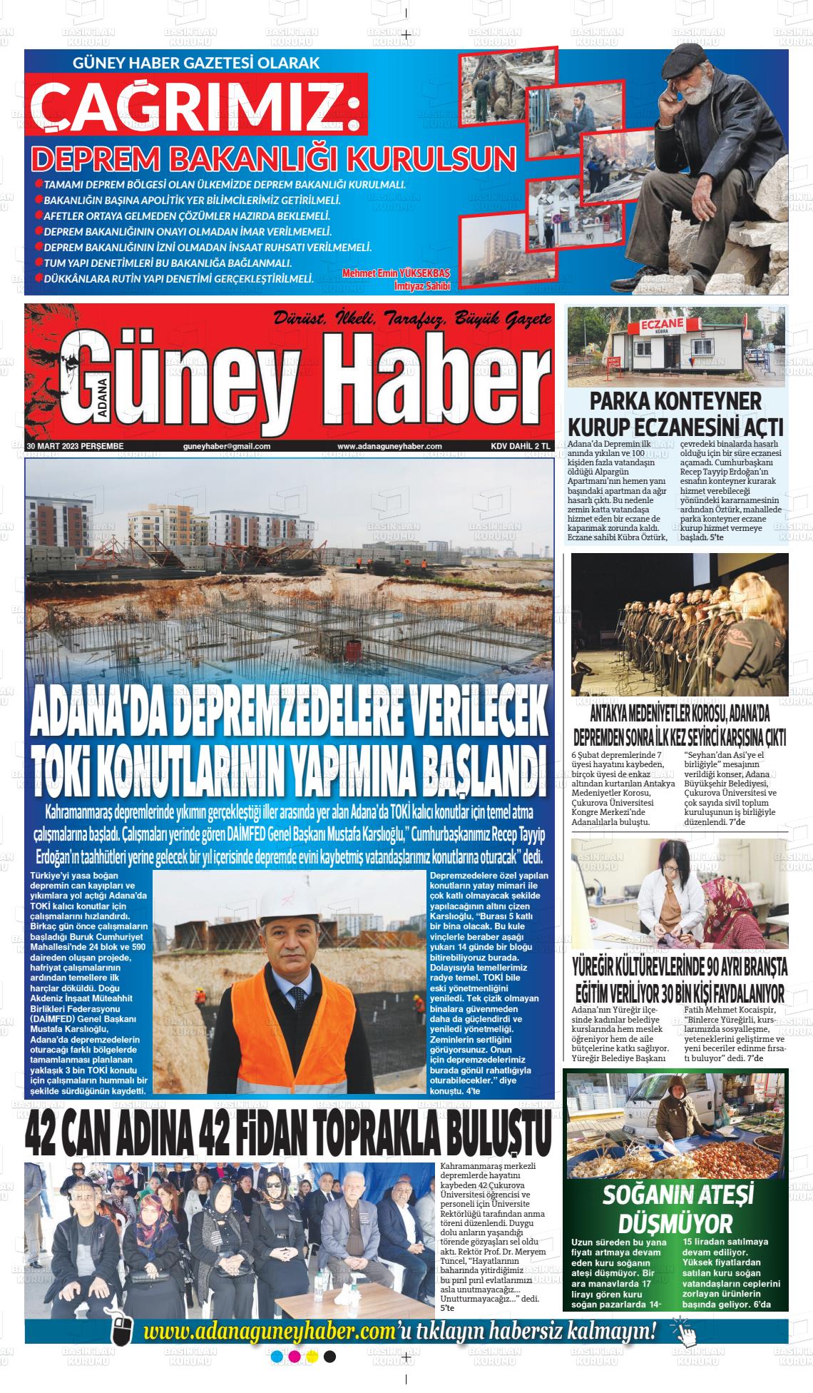 30 Mart 2023 Adana Güney Haber Gazete Manşeti