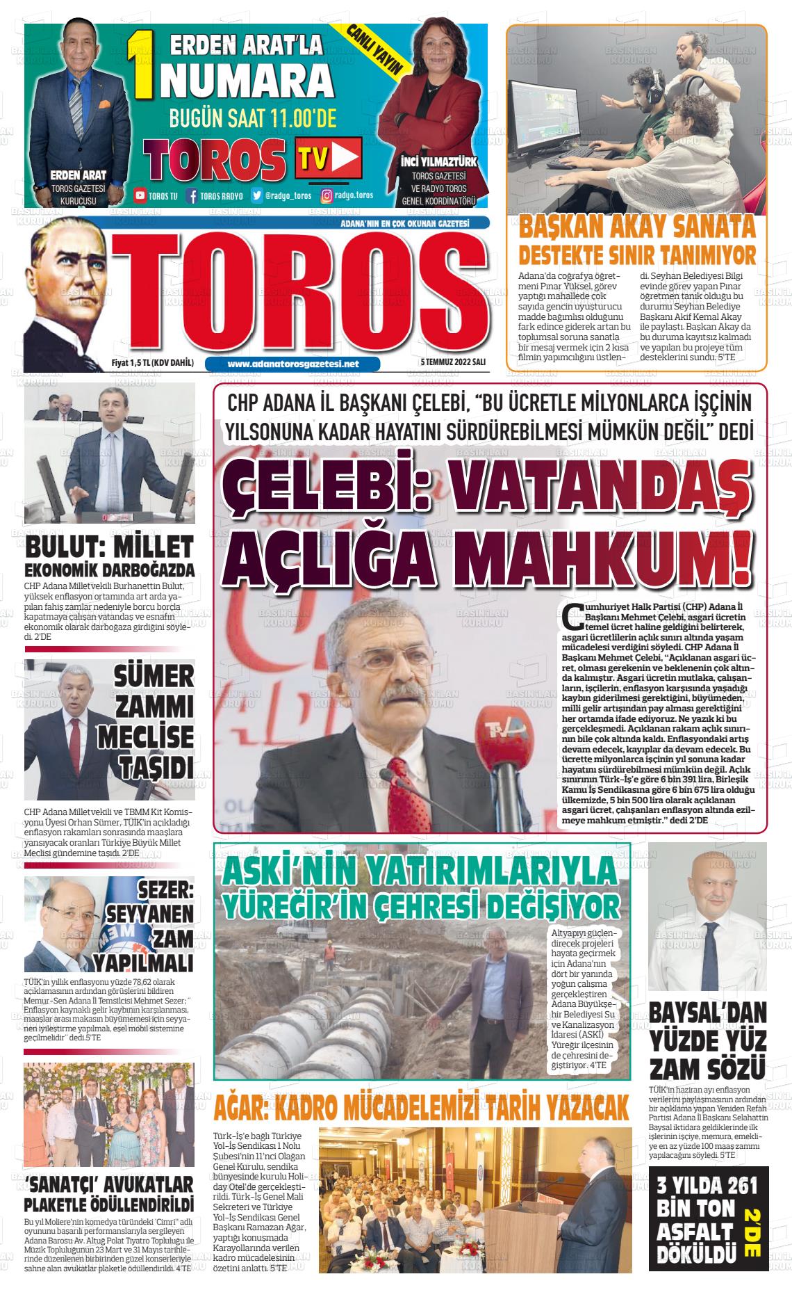 05 Temmuz 2022 Toros Gazete Manşeti