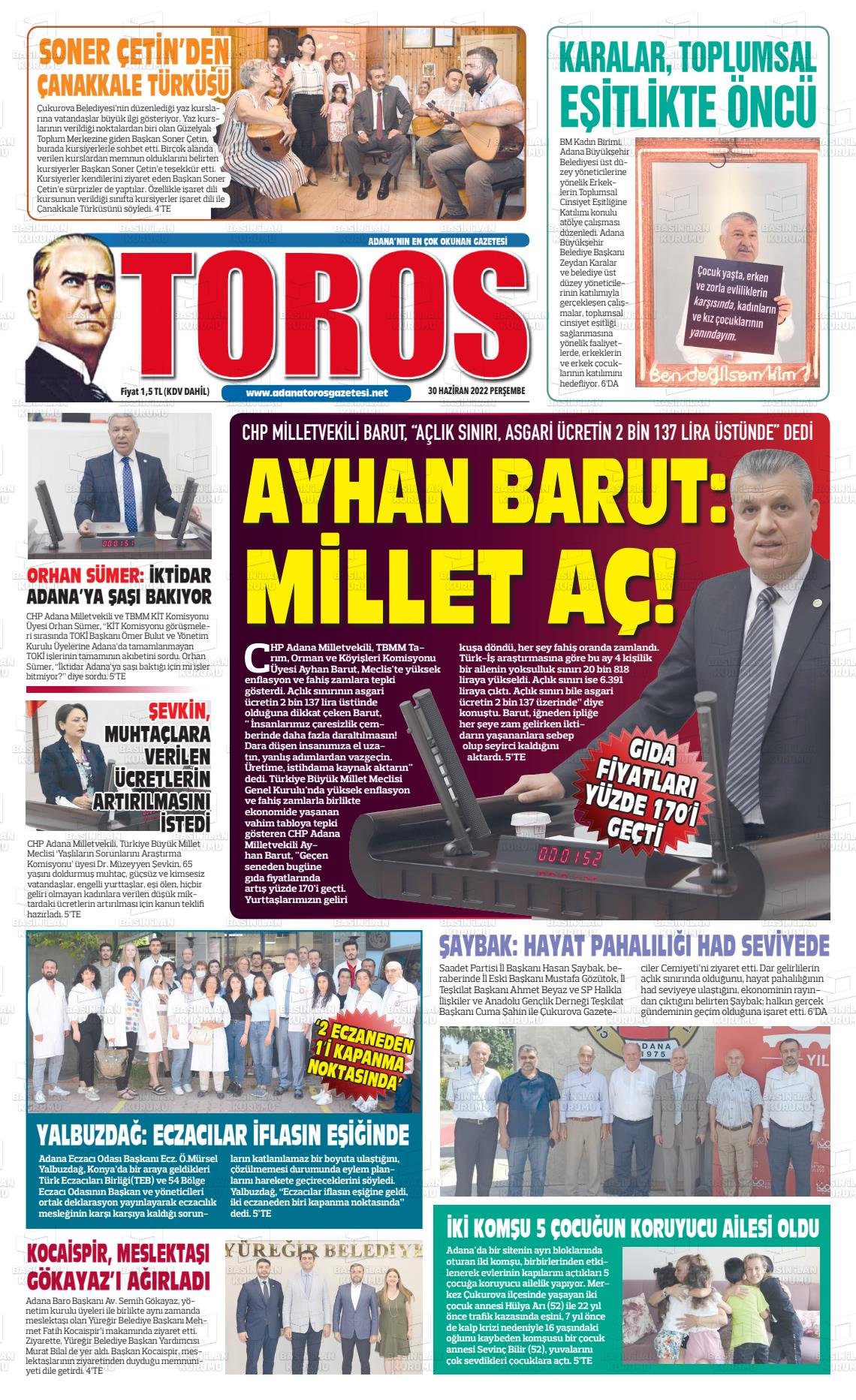 02 Temmuz 2022 Toros Gazete Manşeti