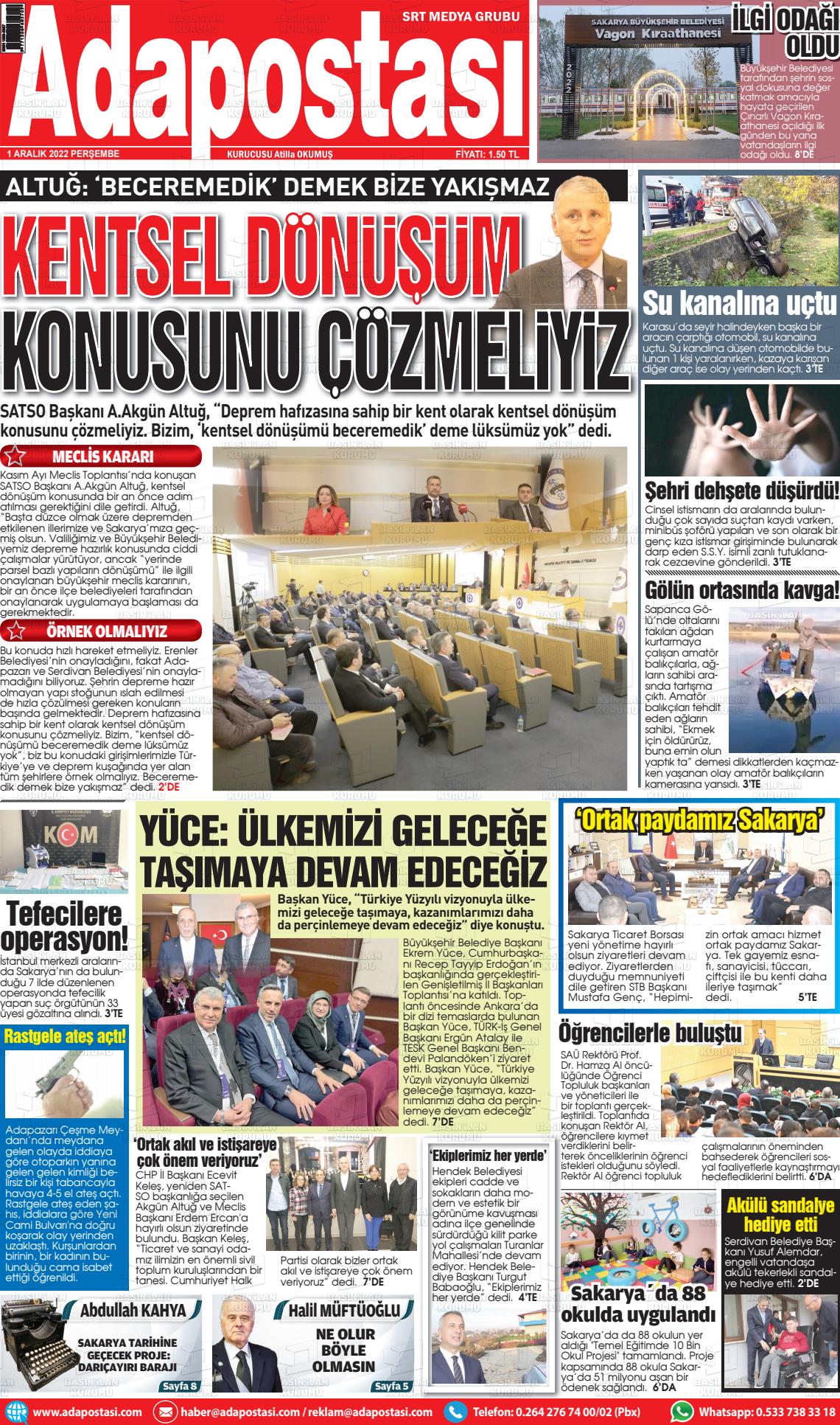 01 Aralık 2022 Ada Postası Gazete Manşeti