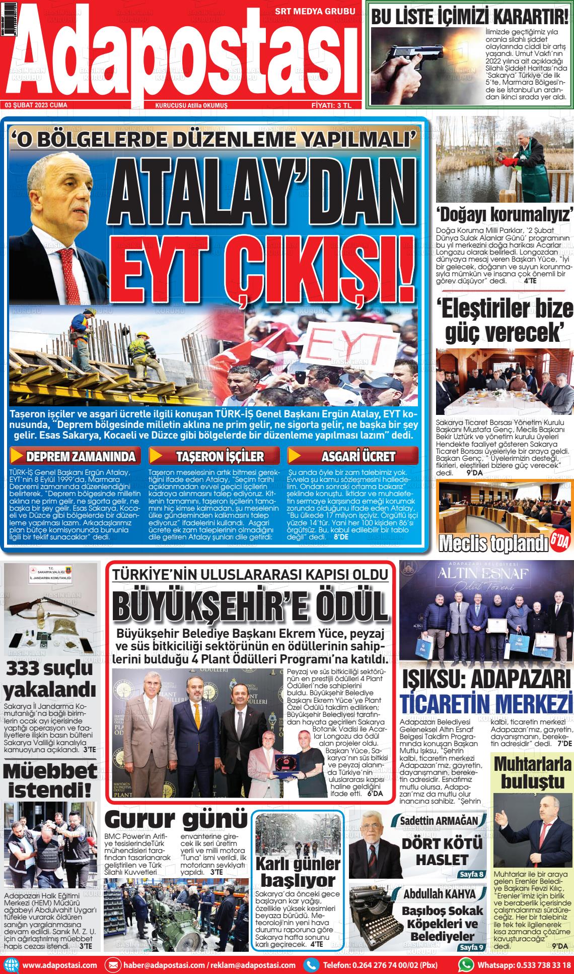 03 Şubat 2023 Ada Postası Gazete Manşeti