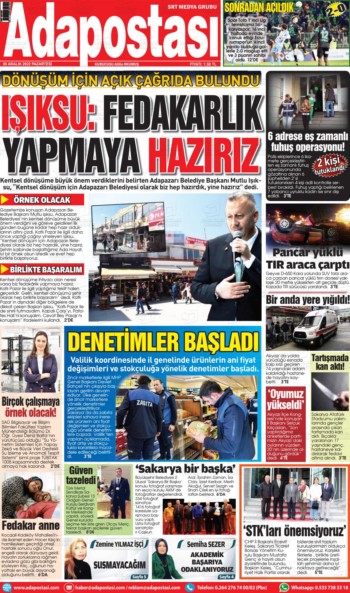 05 Aralık 2022 Ada Postası Gazete Manşeti