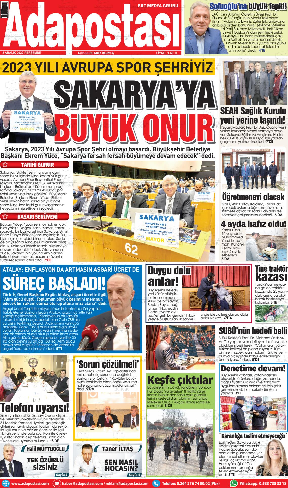 08 Aralık 2022 Ada Postası Gazete Manşeti
