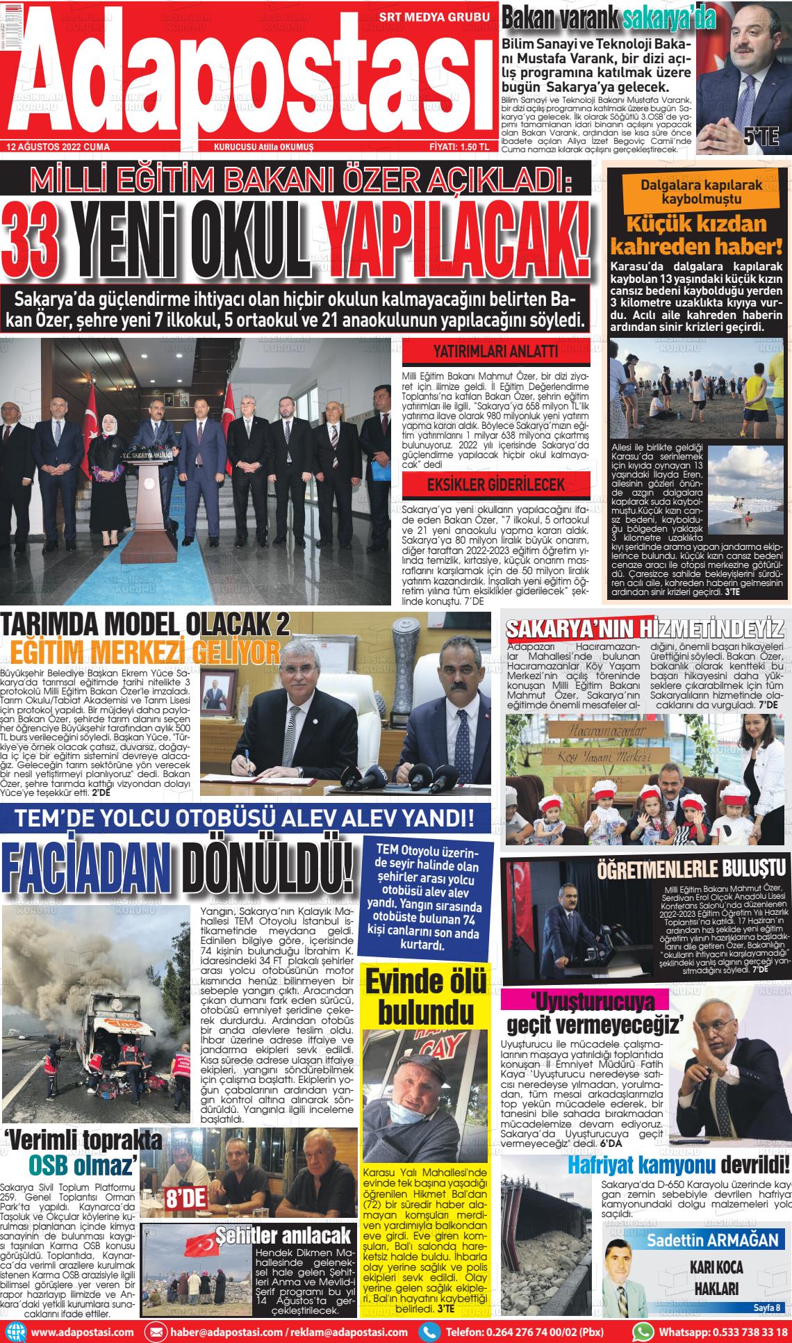12 Ağustos 2022 Ada Postası Gazete Manşeti
