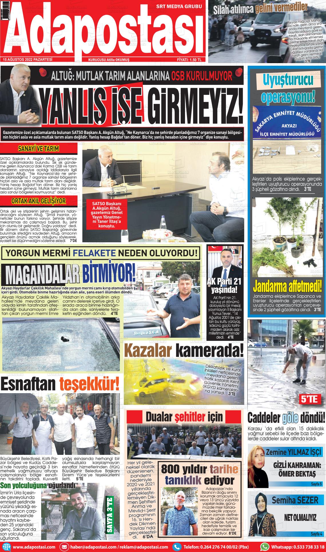 15 Ağustos 2022 Ada Postası Gazete Manşeti
