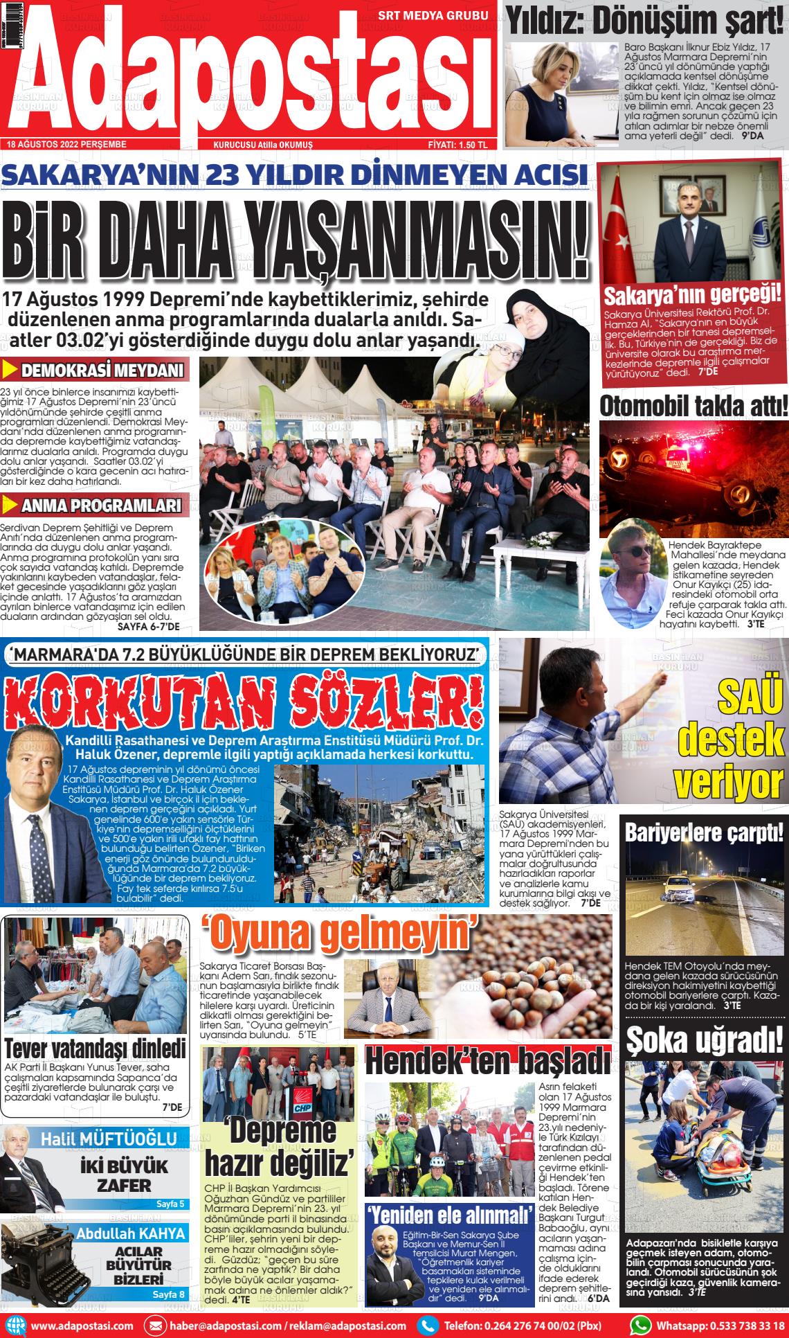 18 Ağustos 2022 Ada Postası Gazete Manşeti