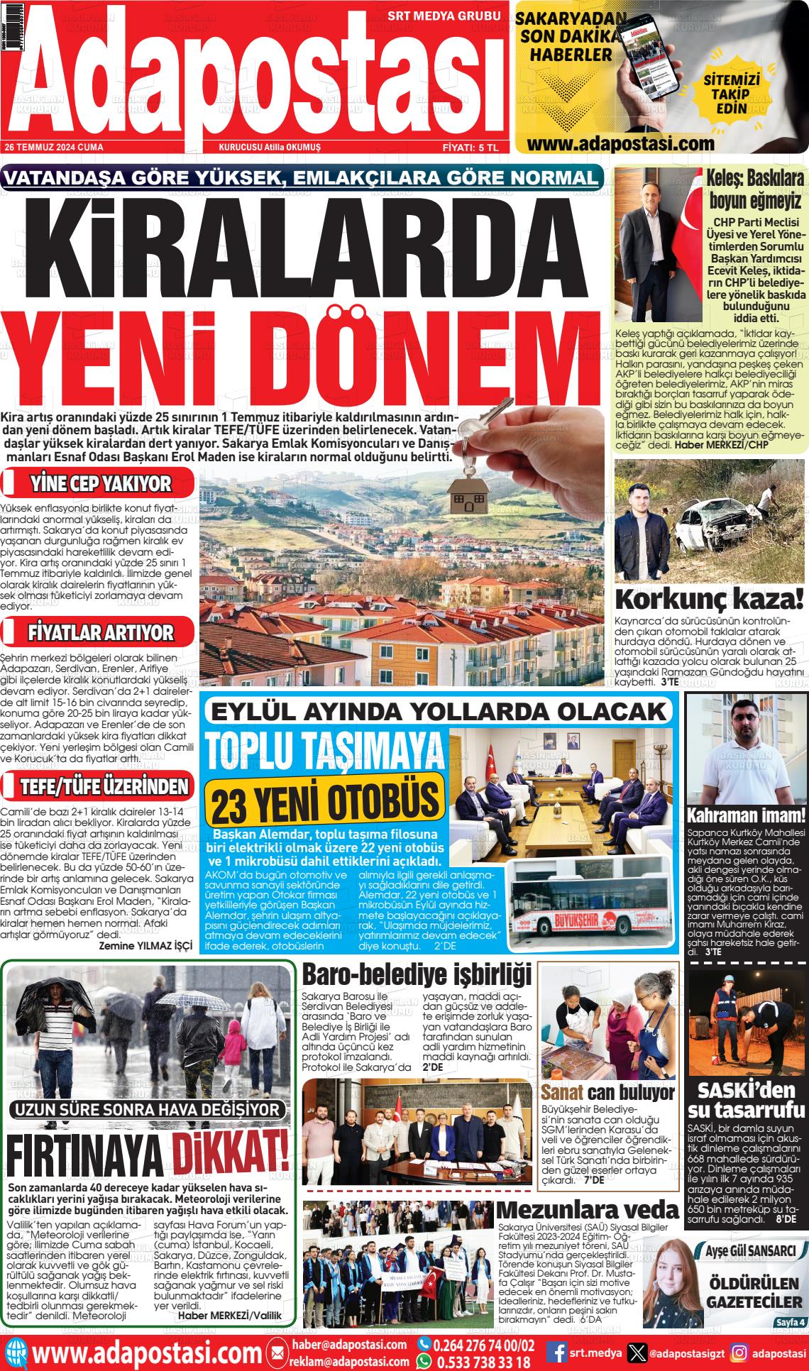 26 Temmuz 2024 Ada Postası Gazete Manşeti
