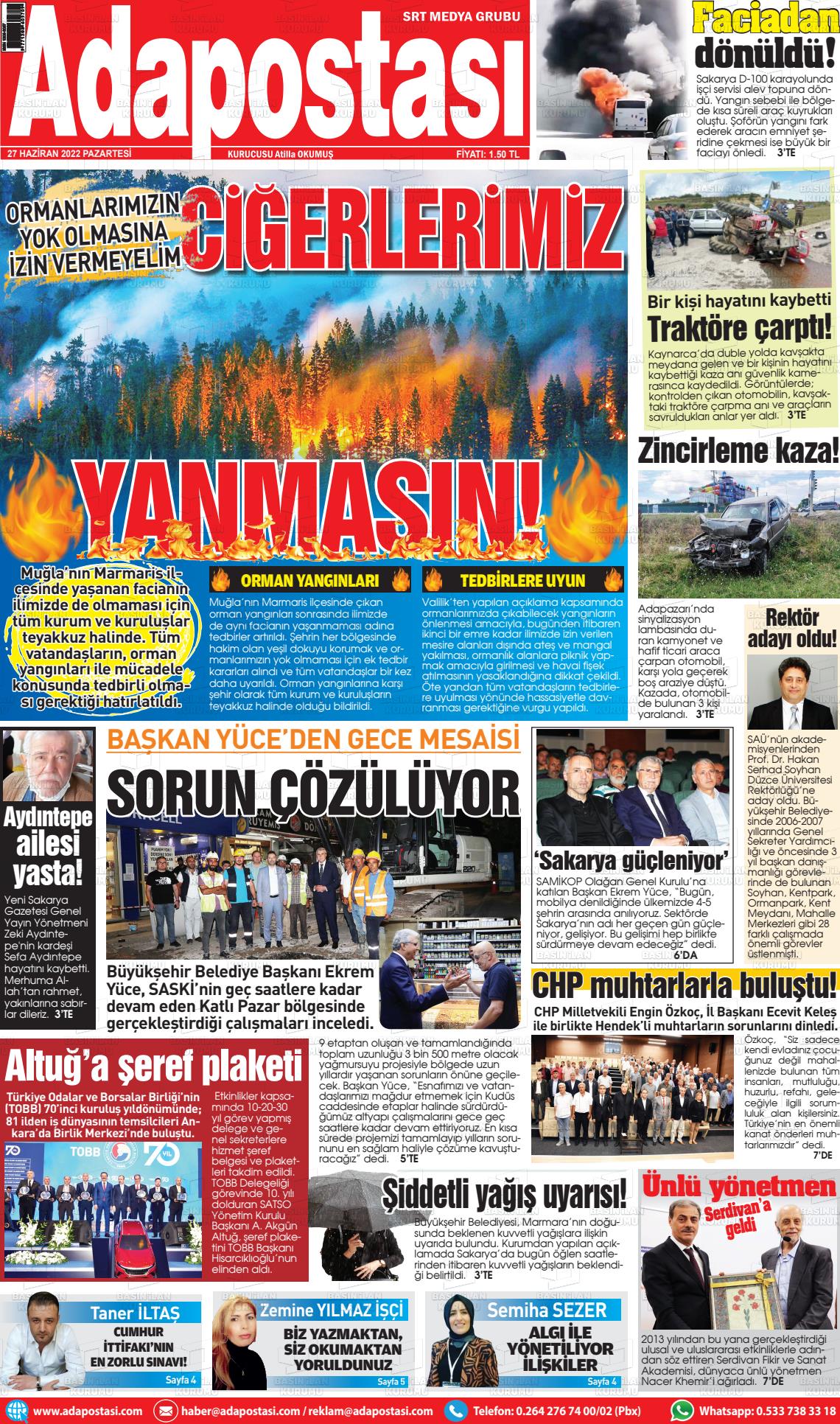 27 Haziran 2022 Ada Postası Gazete Manşeti