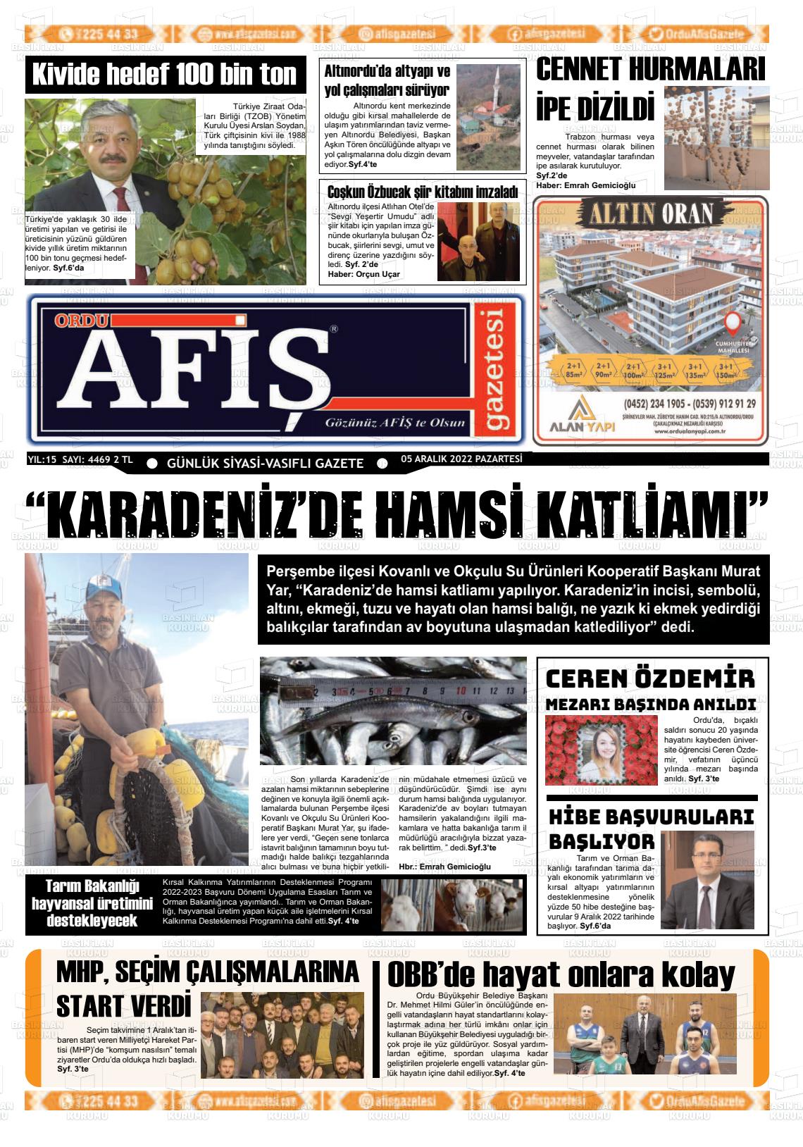 05 Aralık 2022 Ordu Afiş Gazete Manşeti