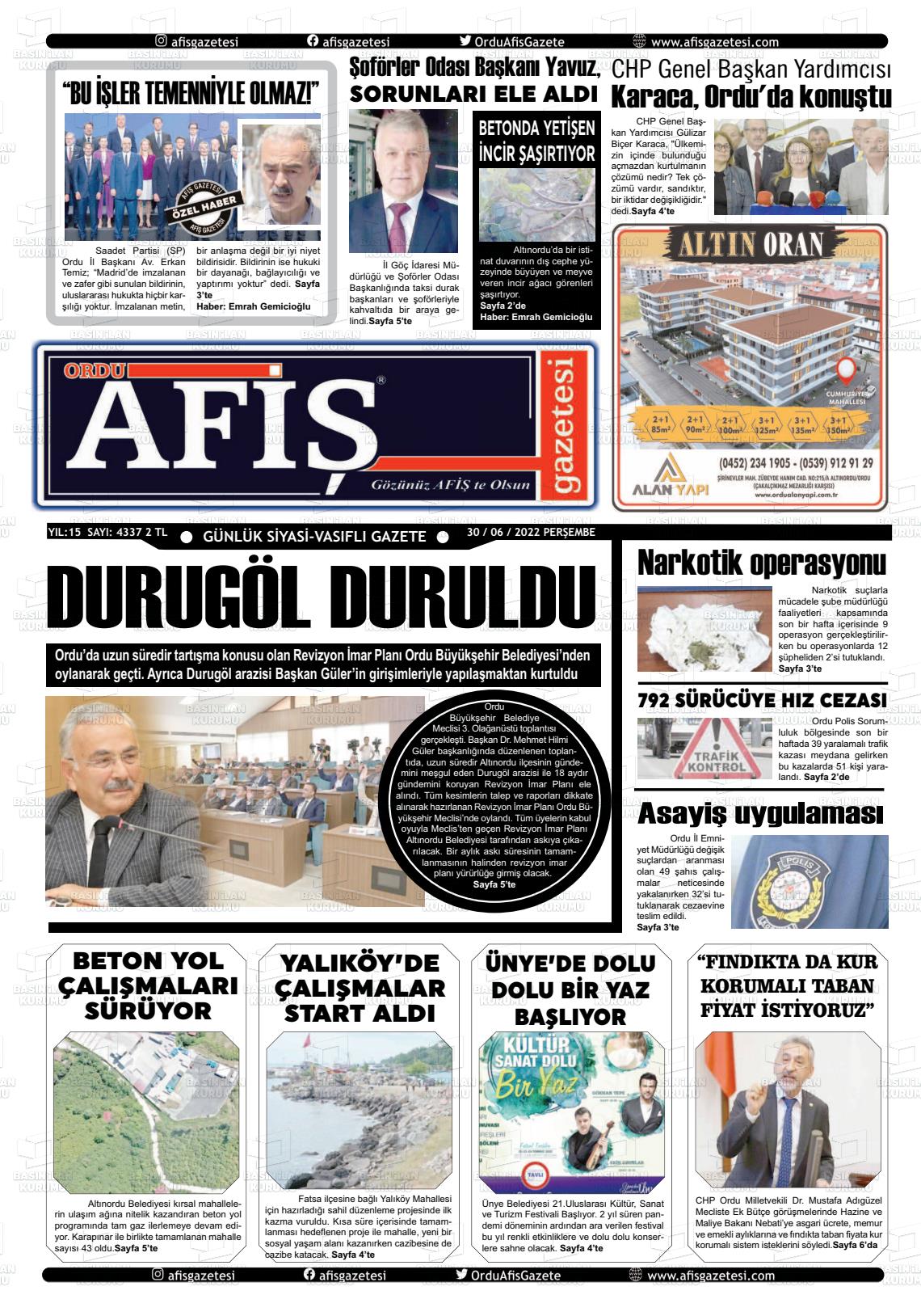 02 Temmuz 2022 Ordu Afiş Gazete Manşeti