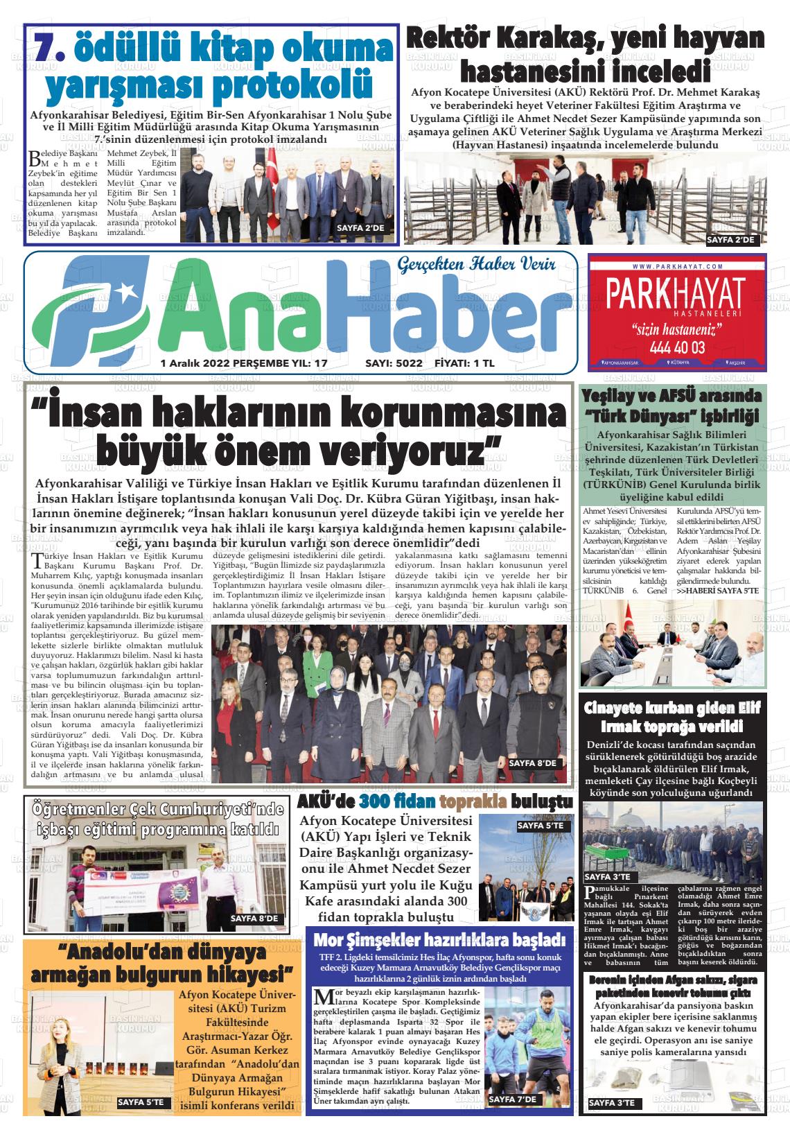 01 Aralık 2022 Anahaber Gazete Manşeti