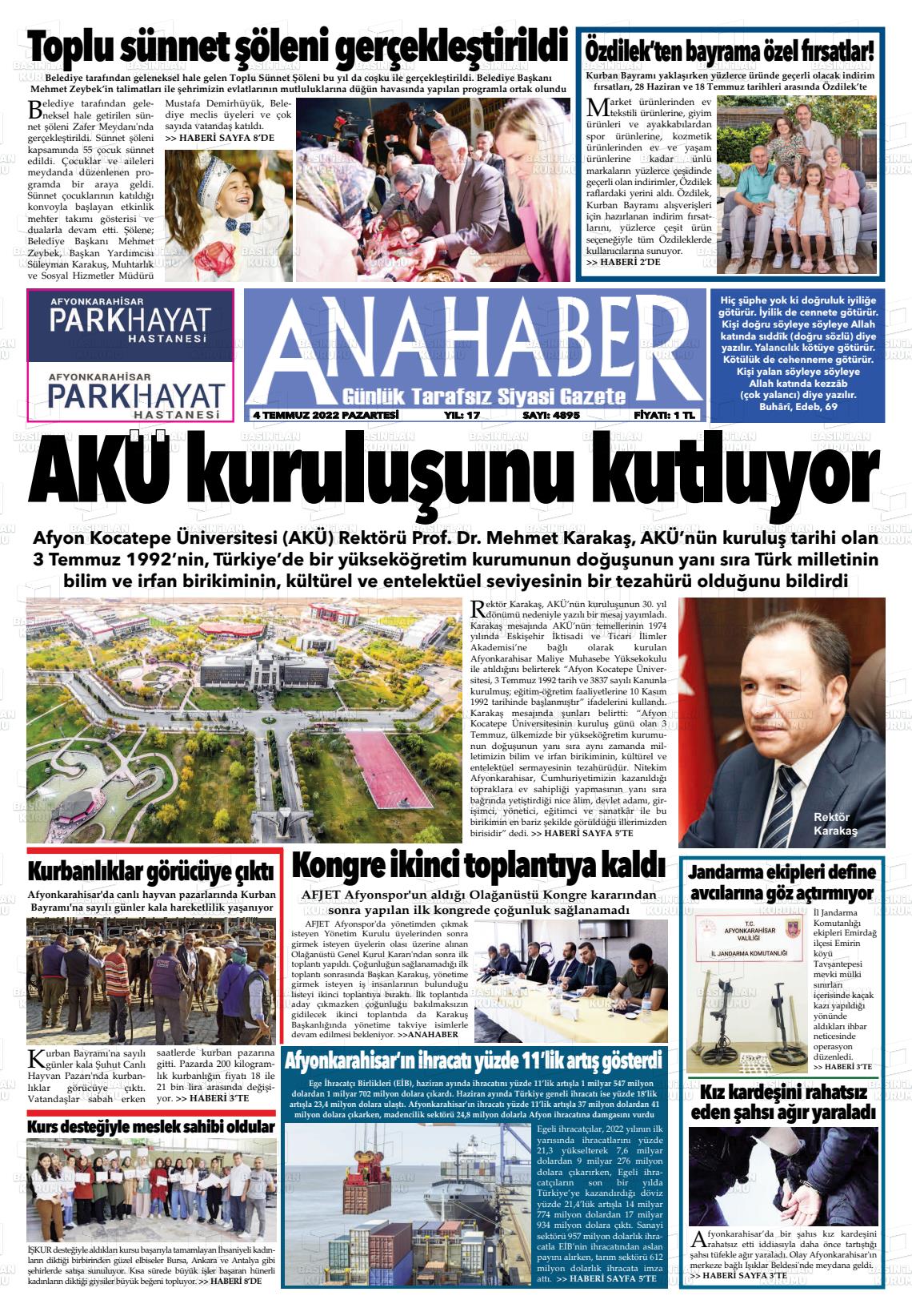 04 Temmuz 2022 Anahaber Gazete Manşeti