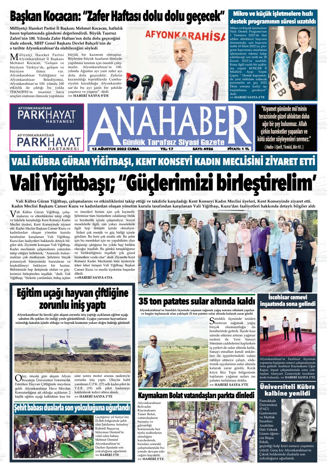 12 Ağustos 2022 Anahaber Gazete Manşeti