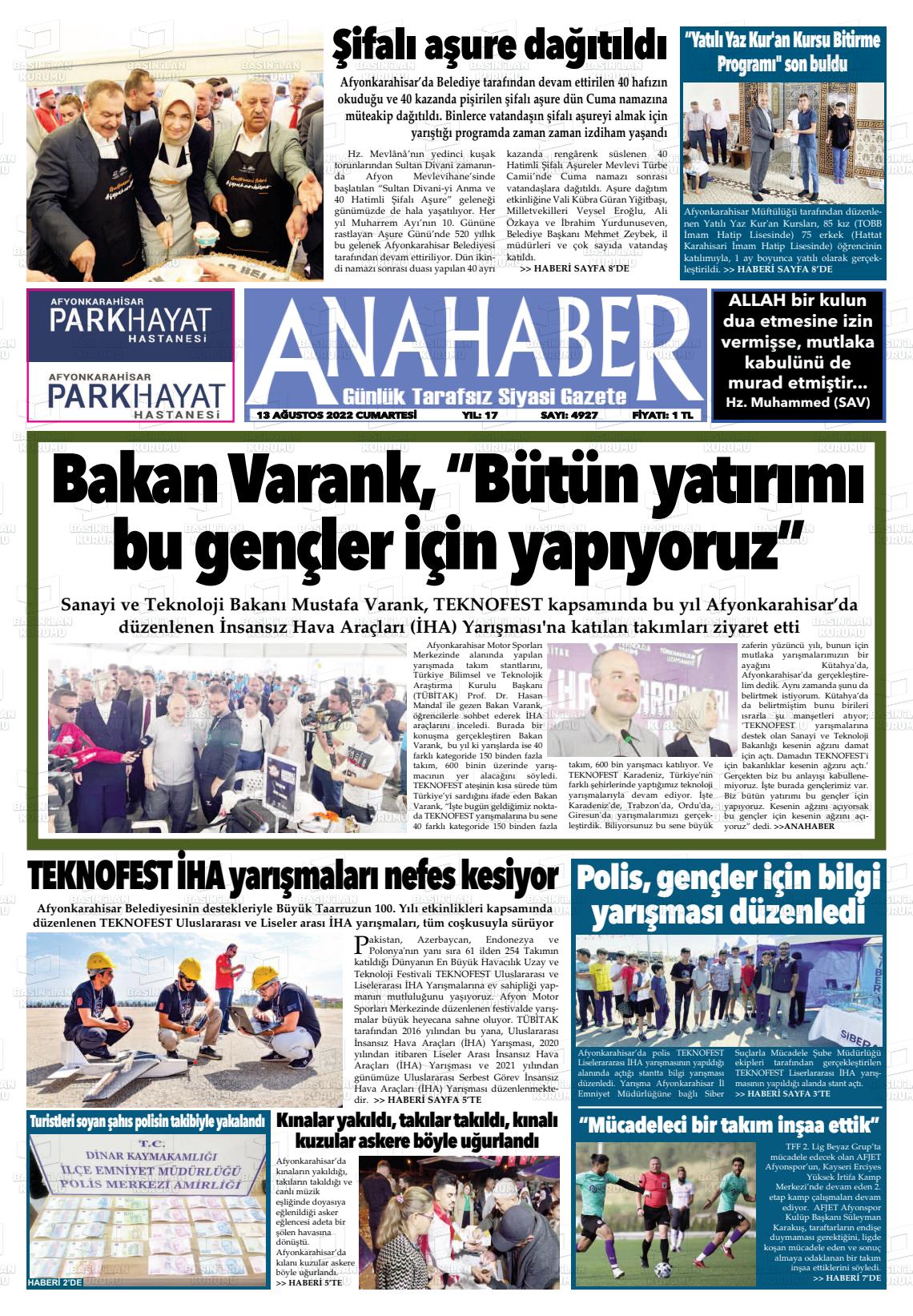 13 Ağustos 2022 Anahaber Gazete Manşeti