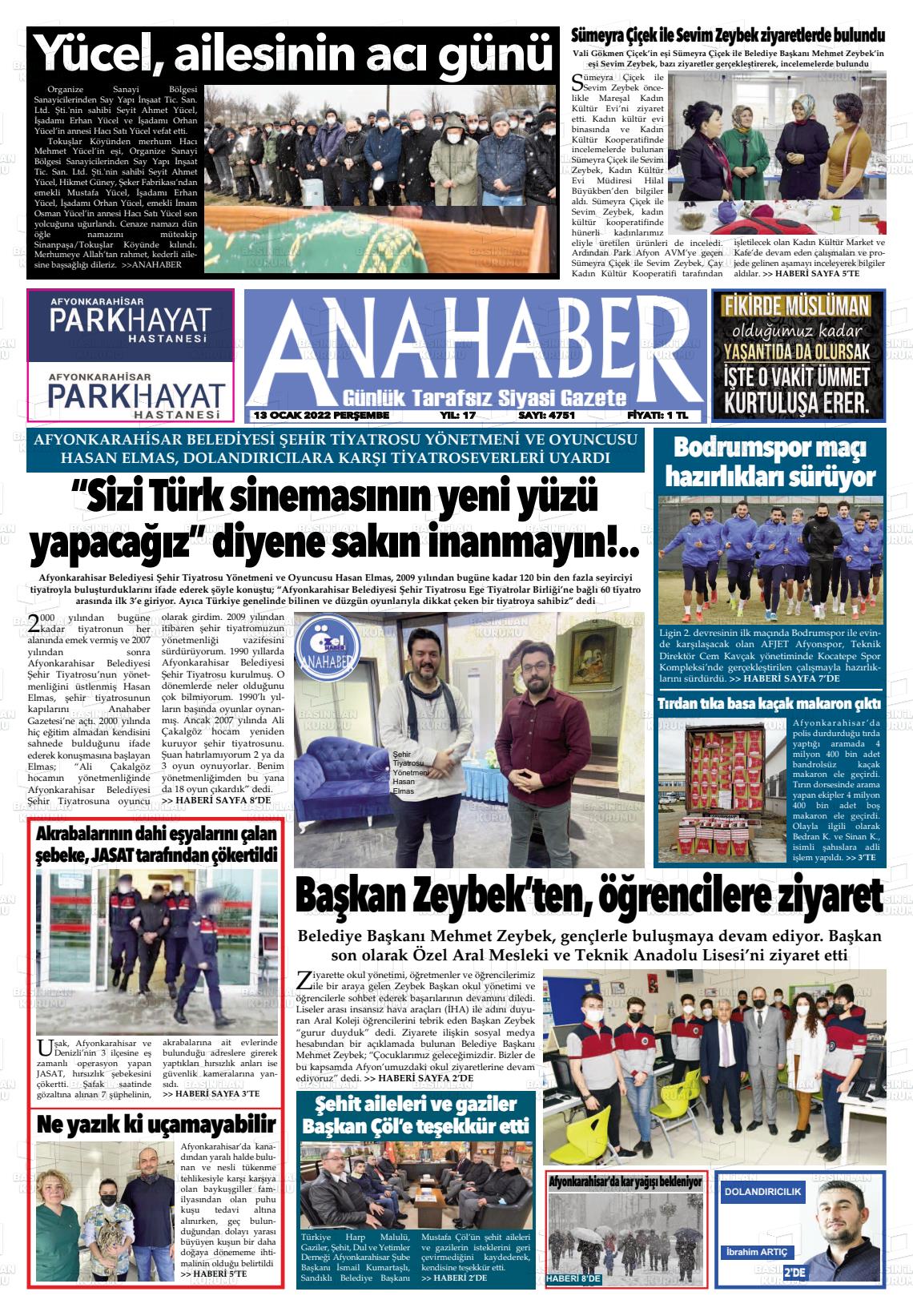 13 Ocak 2022 Anahaber Gazete Manşeti