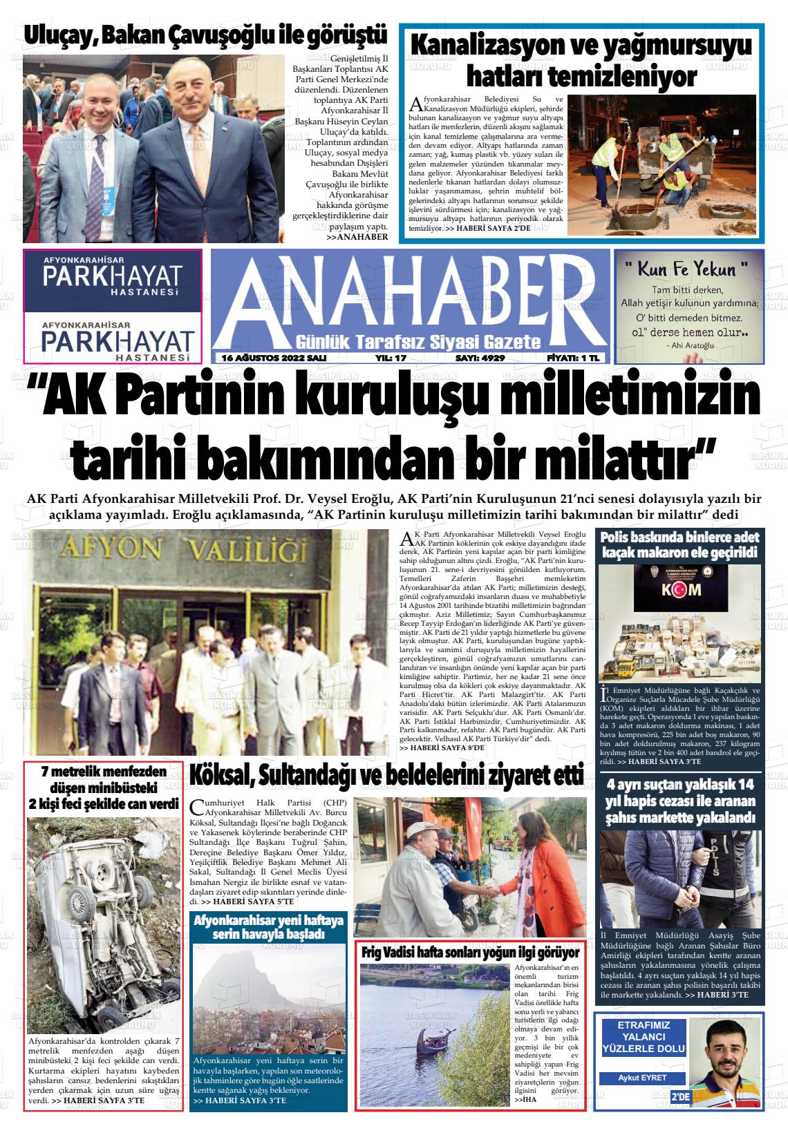 16 Ağustos 2022 Anahaber Gazete Manşeti