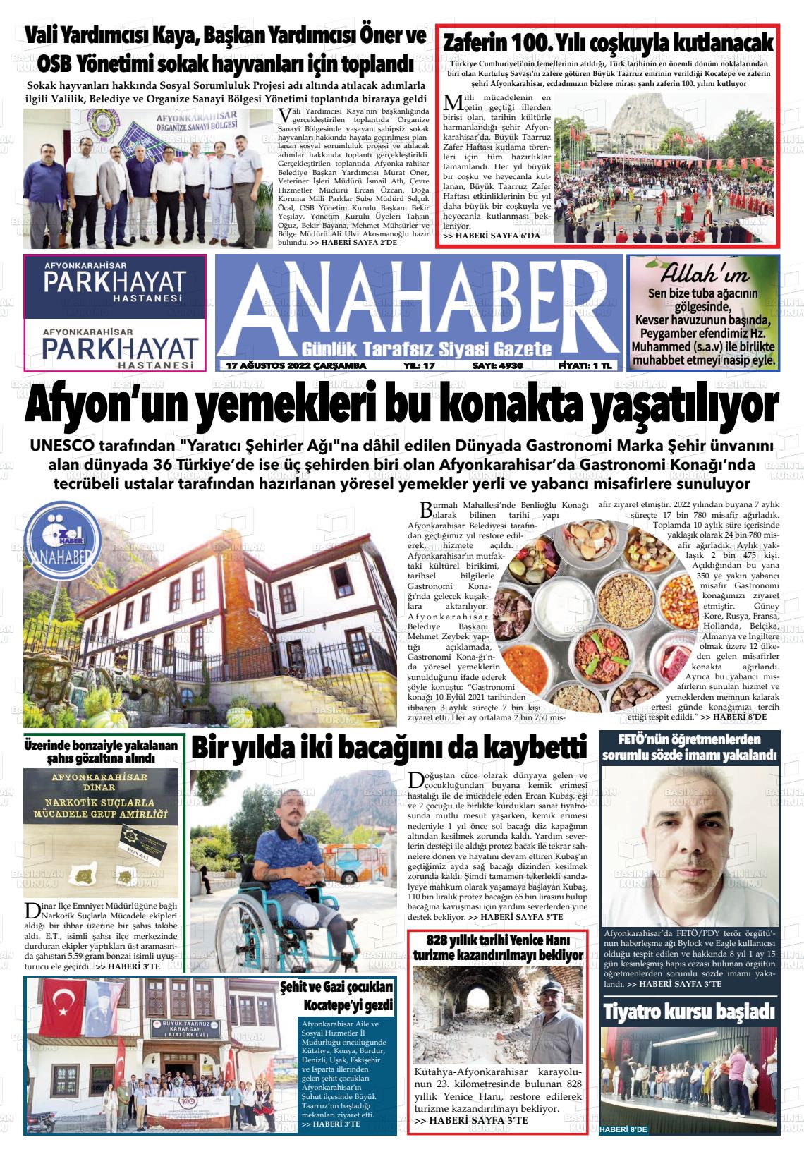17 Ağustos 2022 Anahaber Gazete Manşeti