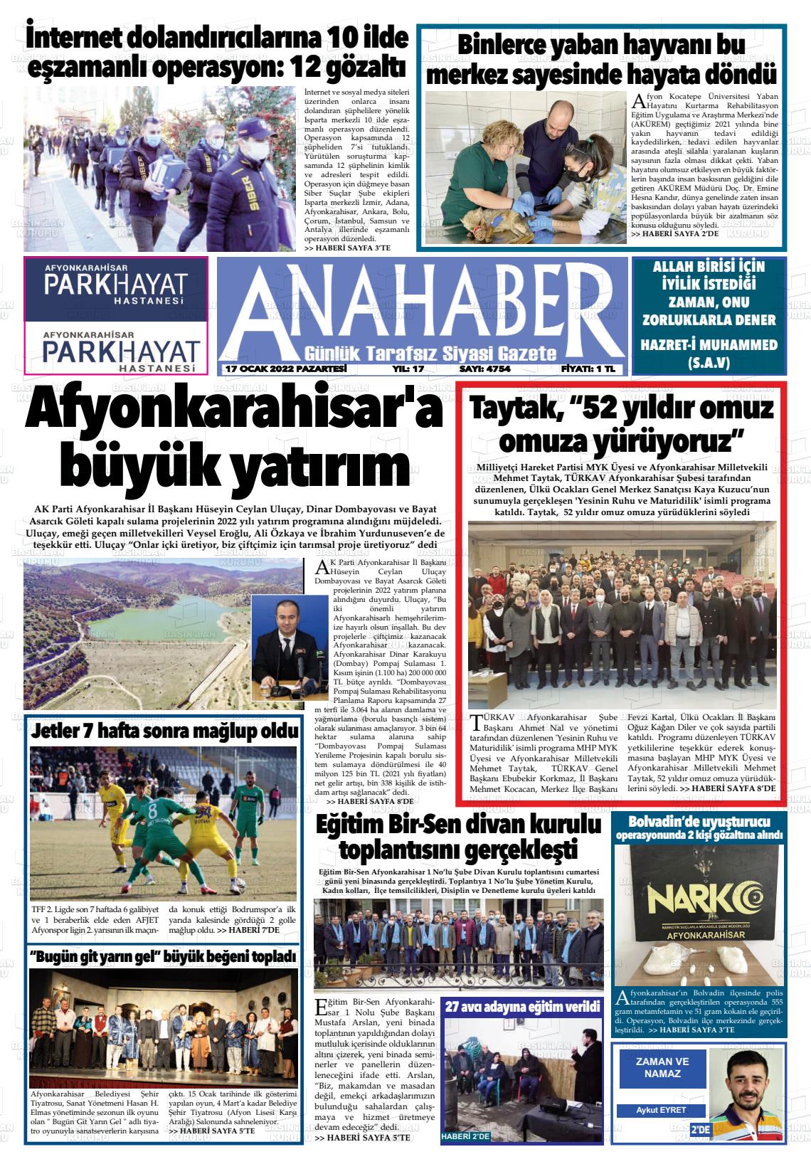 17 Ocak 2022 Anahaber Gazete Manşeti
