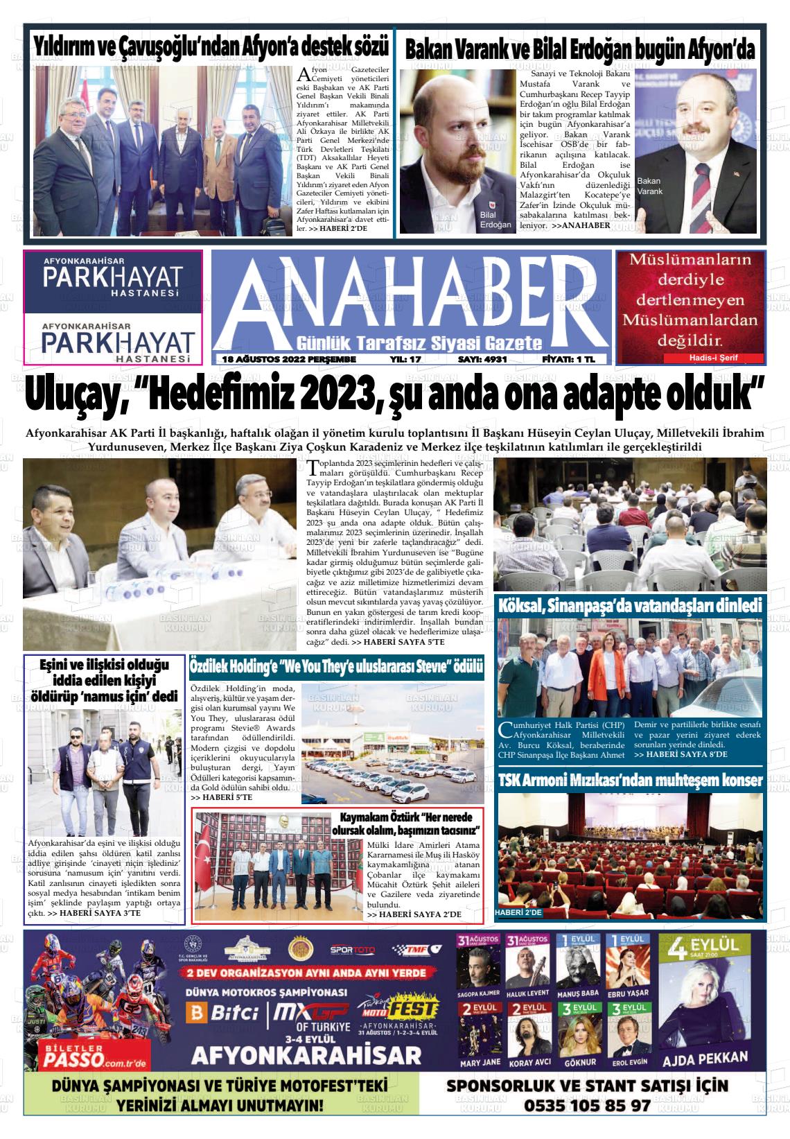 18 Ağustos 2022 Anahaber Gazete Manşeti