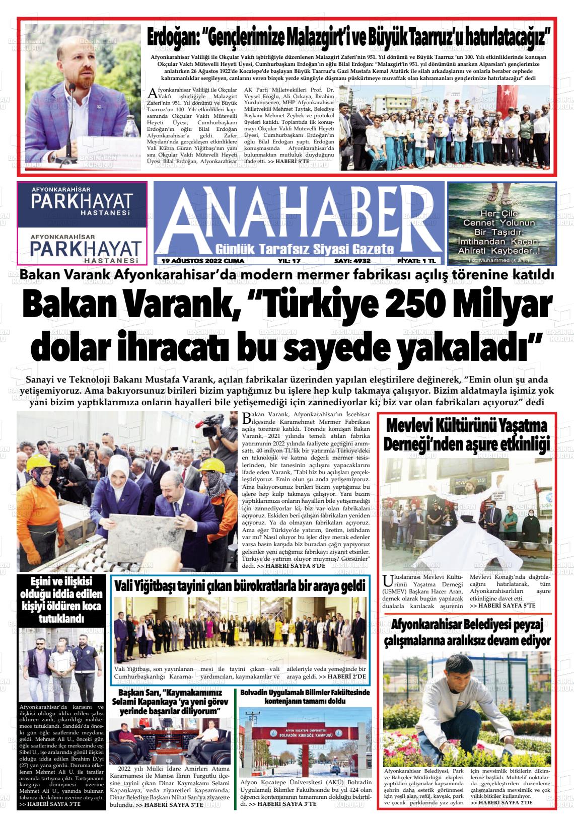 19 Ağustos 2022 Anahaber Gazete Manşeti