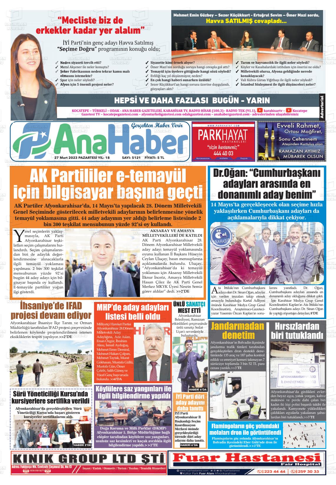 27 Mart 2023 Anahaber Gazete Manşeti