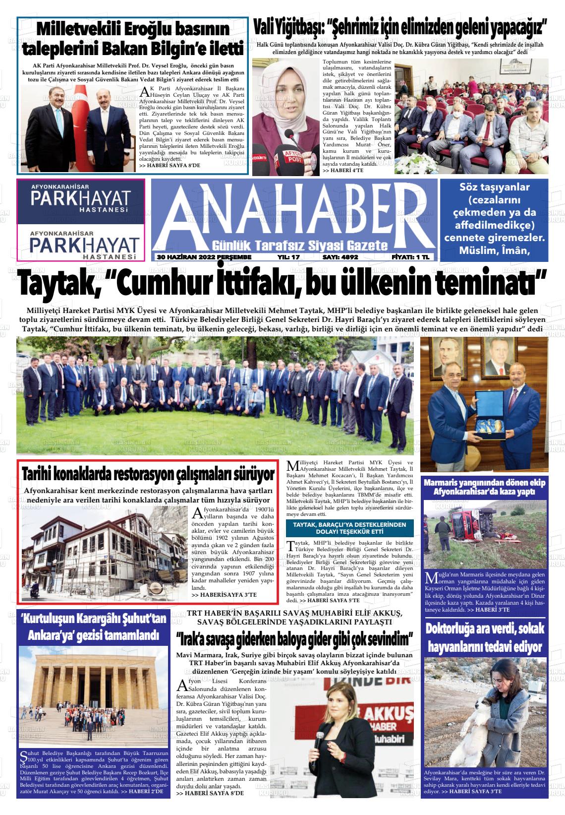 01 Temmuz 2022 Anahaber Gazete Manşeti