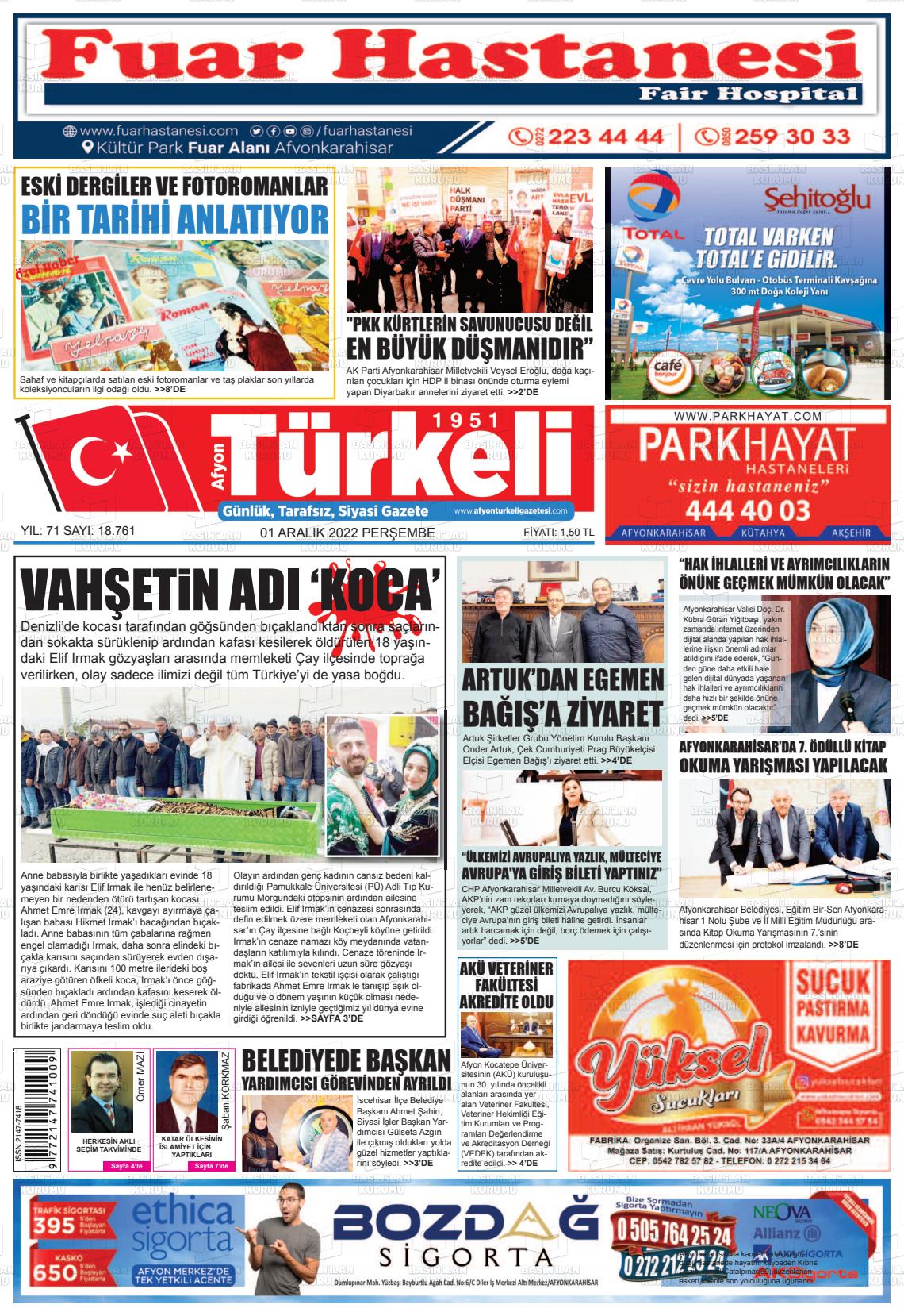 01 Aralık 2022 Afyon Türkeli Gazete Manşeti
