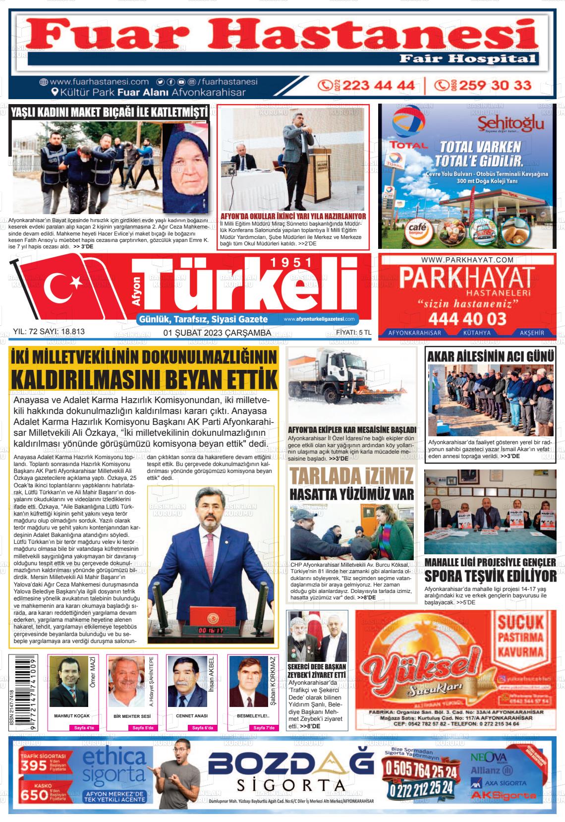 01 Şubat 2023 Afyon Türkeli Gazete Manşeti