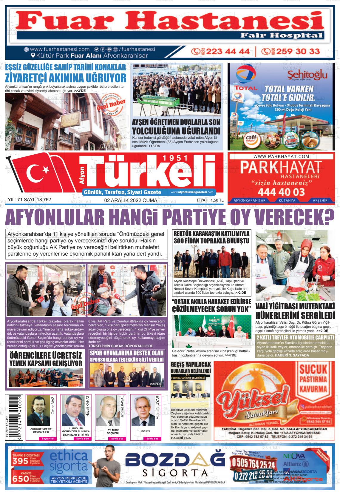02 Aralık 2022 Afyon Türkeli Gazete Manşeti