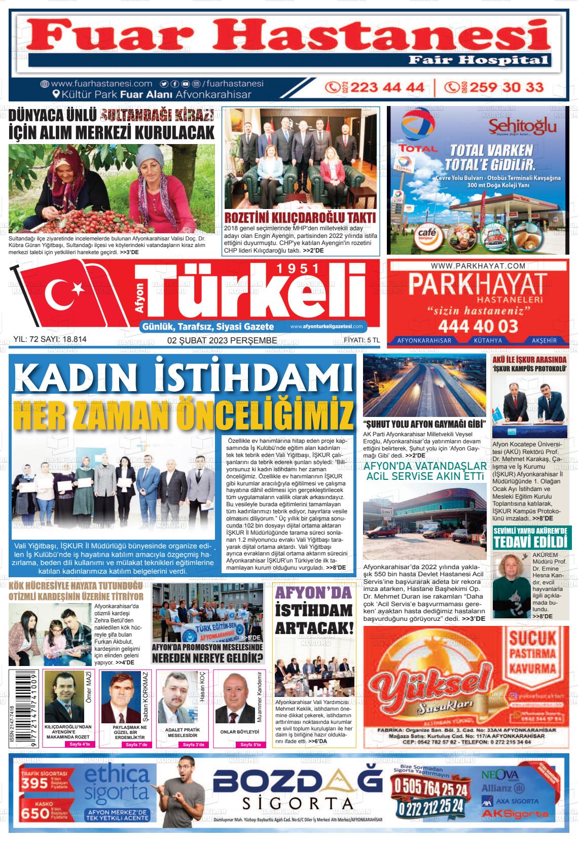 02 Şubat 2023 Afyon Türkeli Gazete Manşeti