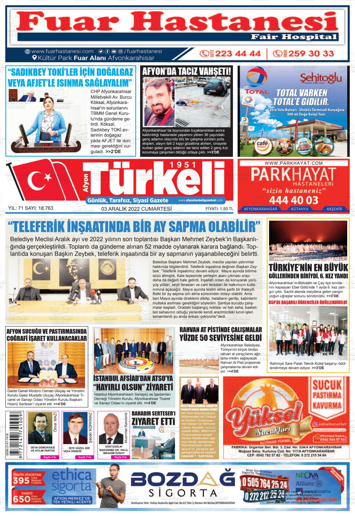 03 Aralık 2022 Afyon Türkeli Gazete Manşeti