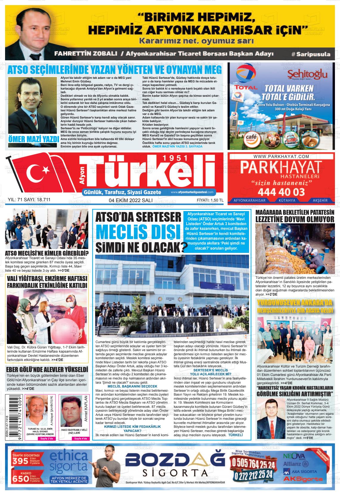 04 Ekim 2022 Afyon Türkeli Gazete Manşeti