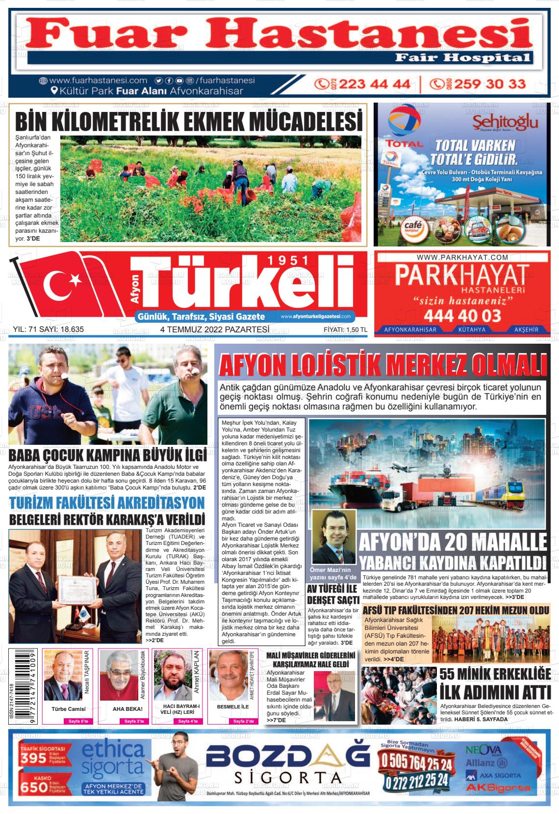 04 Temmuz 2022 Afyon Türkeli Gazete Manşeti