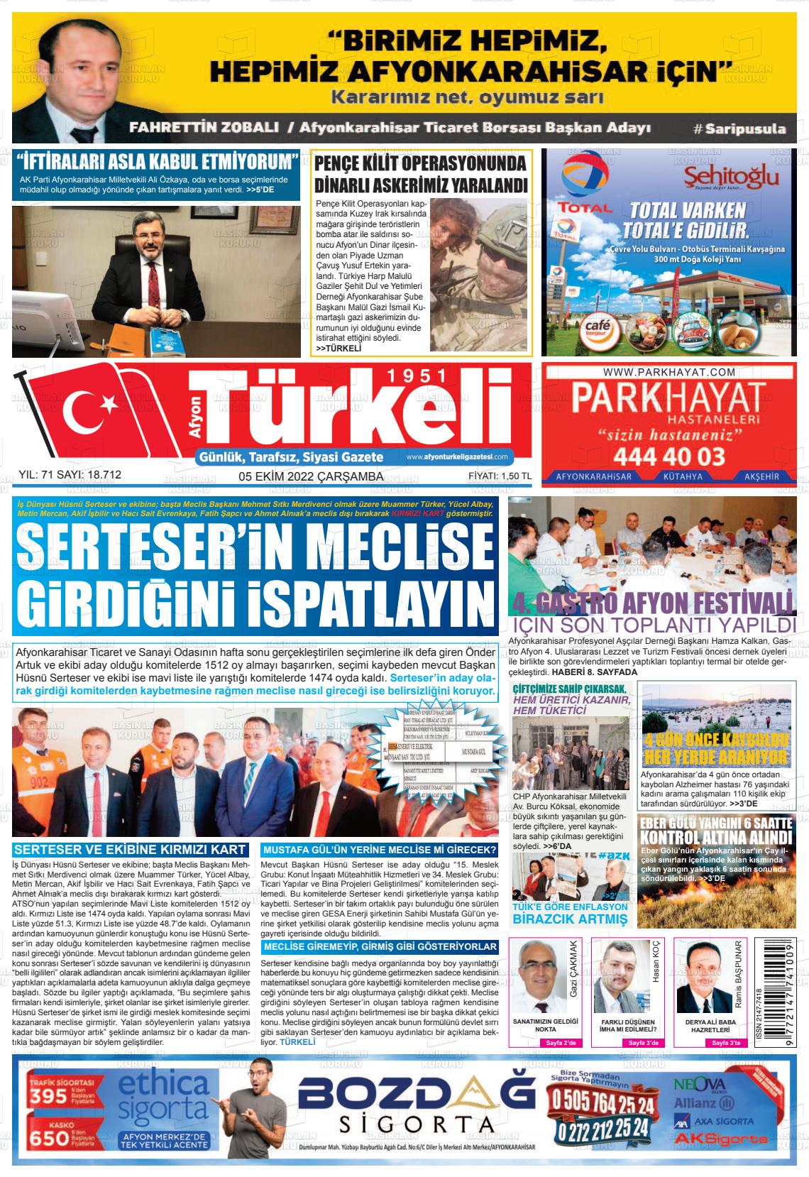 05 Ekim 2022 Afyon Türkeli Gazete Manşeti