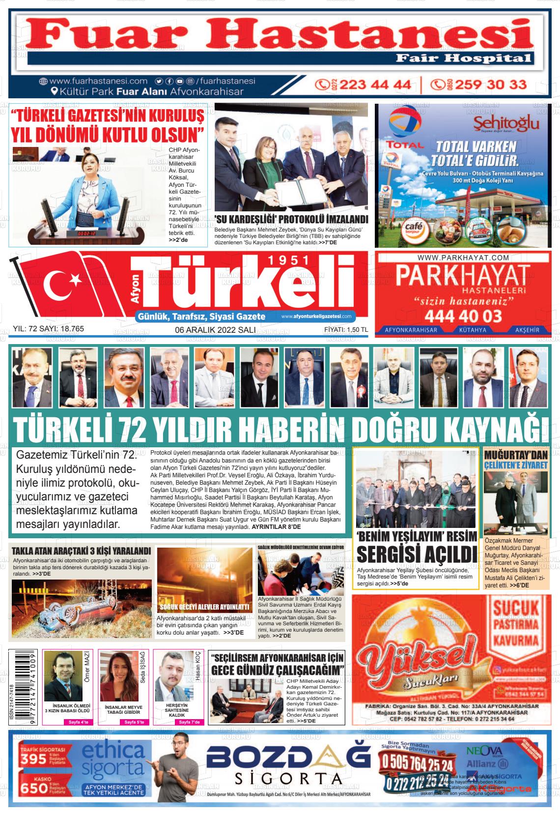 06 Aralık 2022 Afyon Türkeli Gazete Manşeti