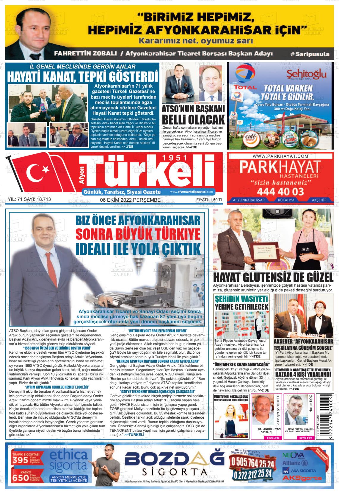 06 Ekim 2022 Afyon Türkeli Gazete Manşeti