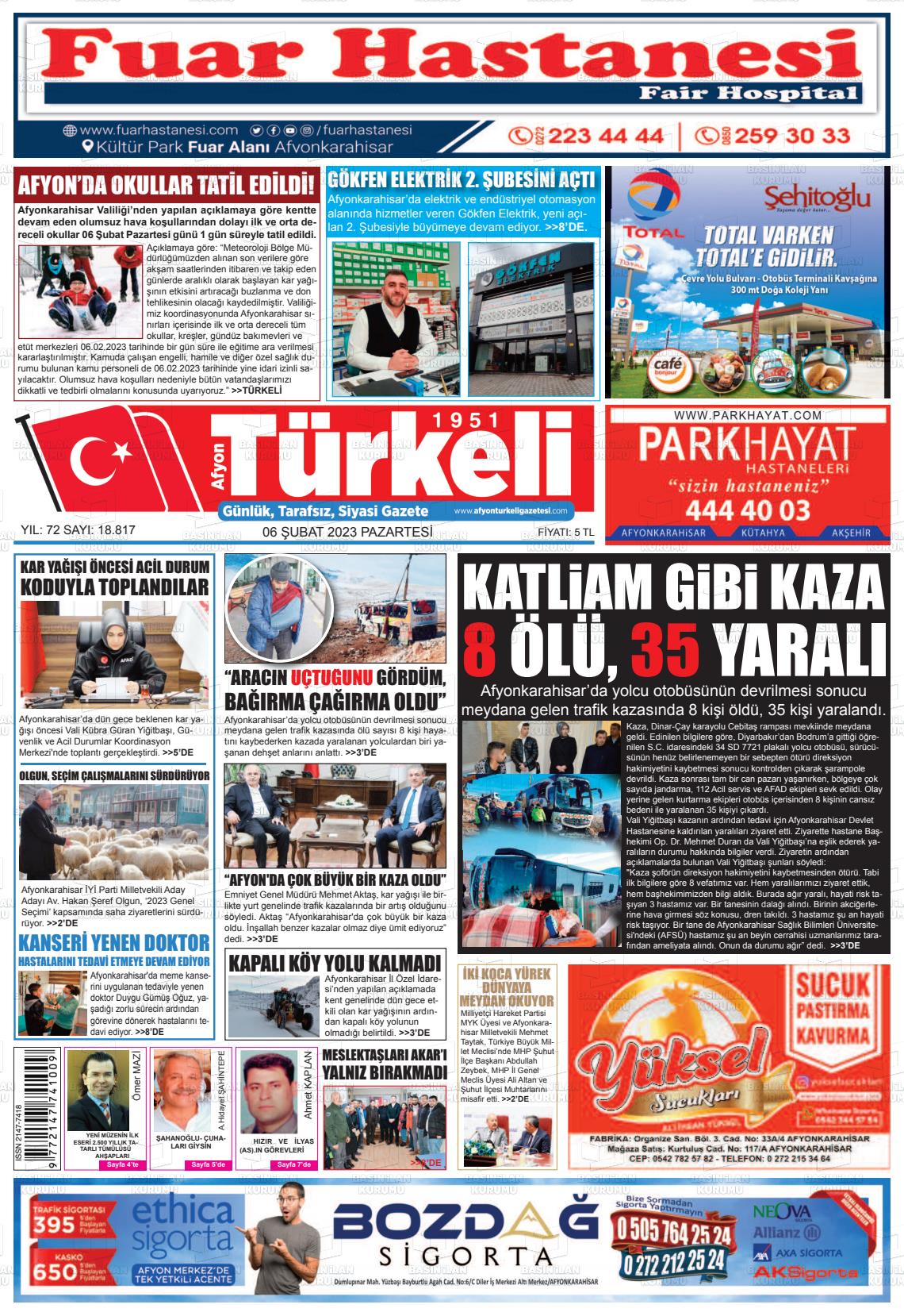 06 Şubat 2023 Afyon Türkeli Gazete Manşeti