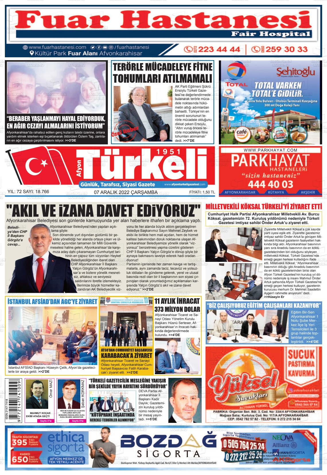 07 Aralık 2022 Afyon Türkeli Gazete Manşeti