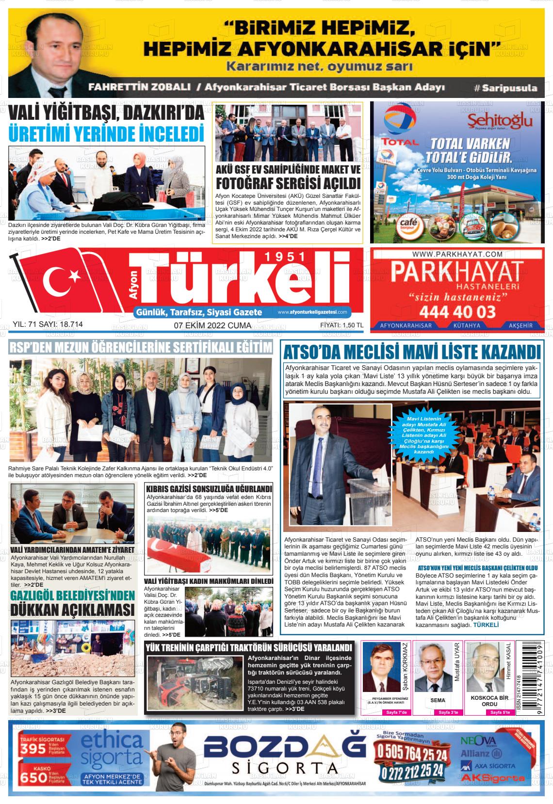 07 Ekim 2022 Afyon Türkeli Gazete Manşeti