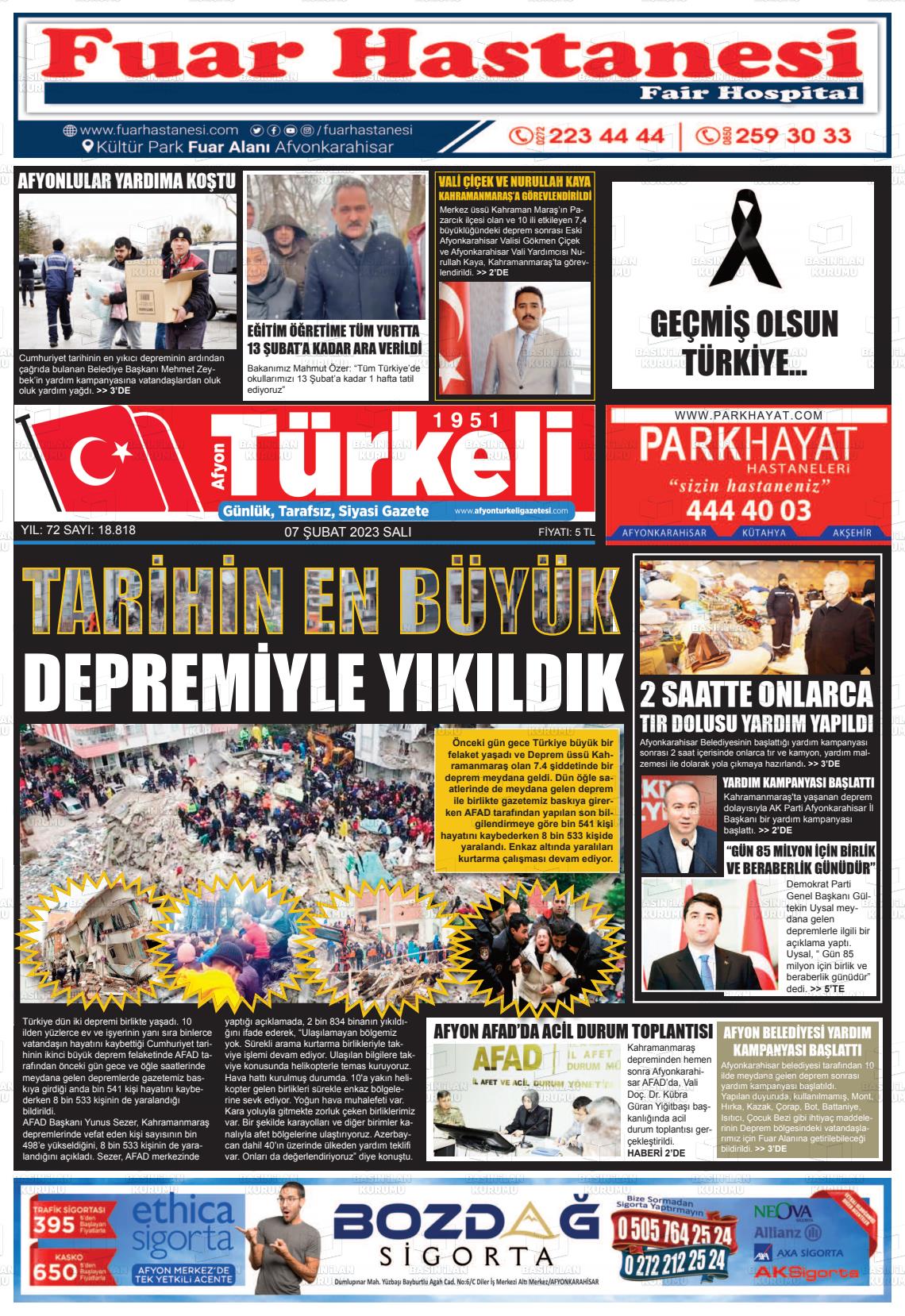 07 Şubat 2023 Afyon Türkeli Gazete Manşeti