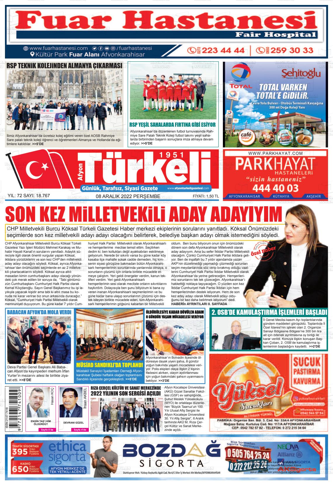 08 Aralık 2022 Afyon Türkeli Gazete Manşeti