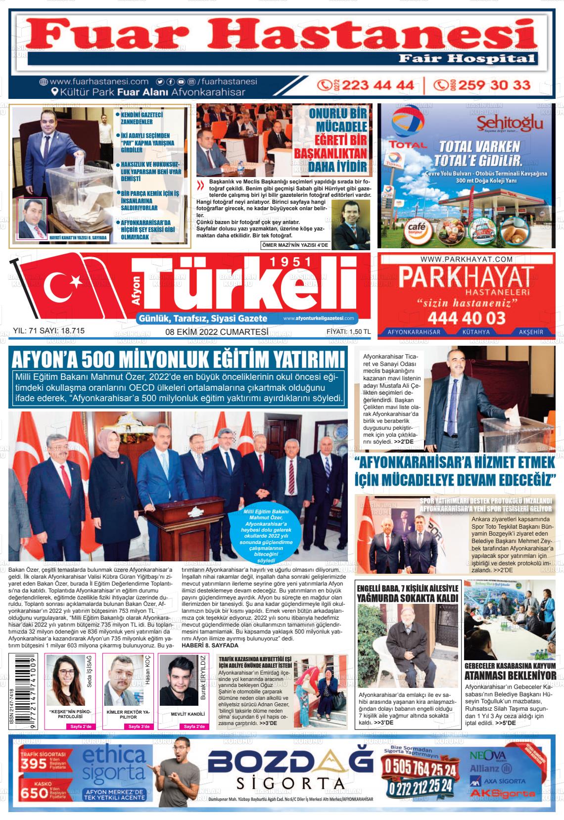 08 Ekim 2022 Afyon Türkeli Gazete Manşeti
