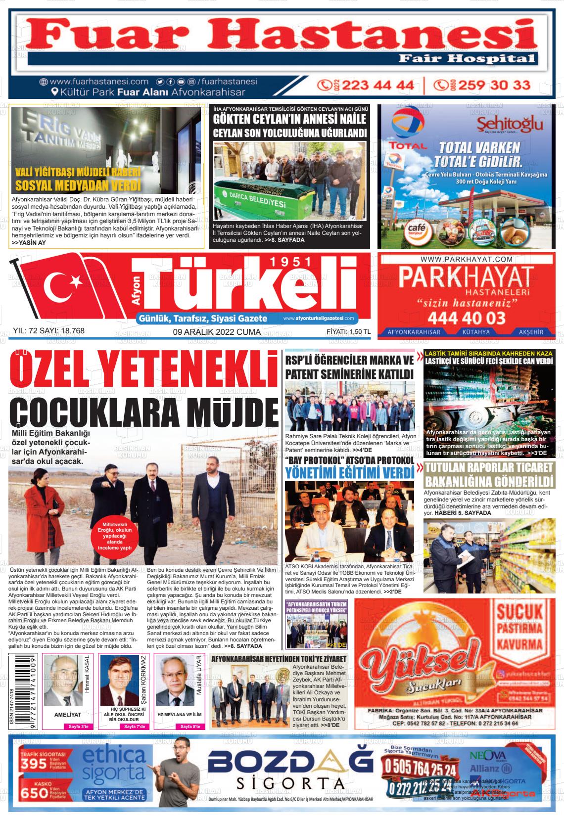 09 Aralık 2022 Afyon Türkeli Gazete Manşeti