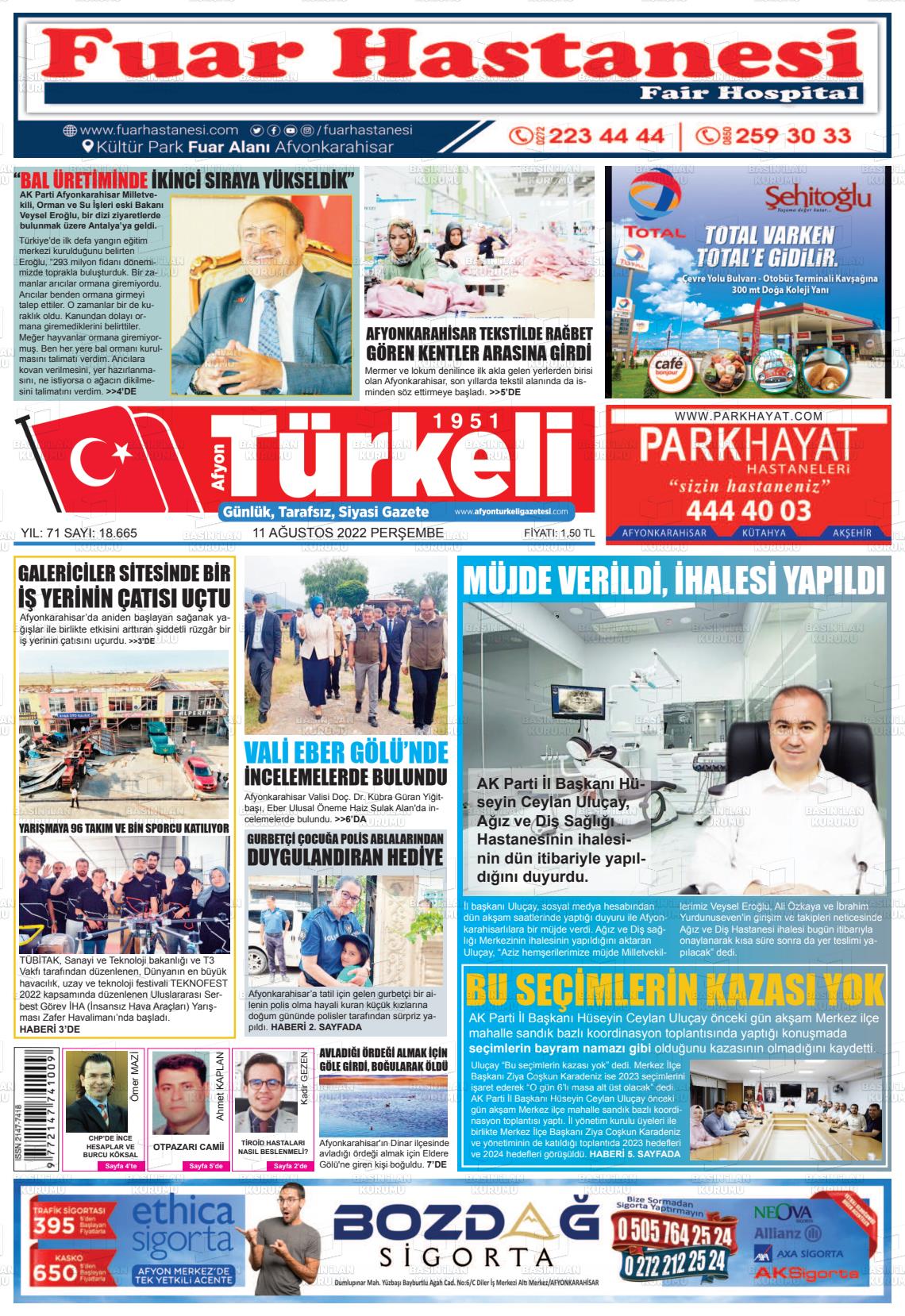 11 Ağustos 2022 Afyon Türkeli Gazete Manşeti