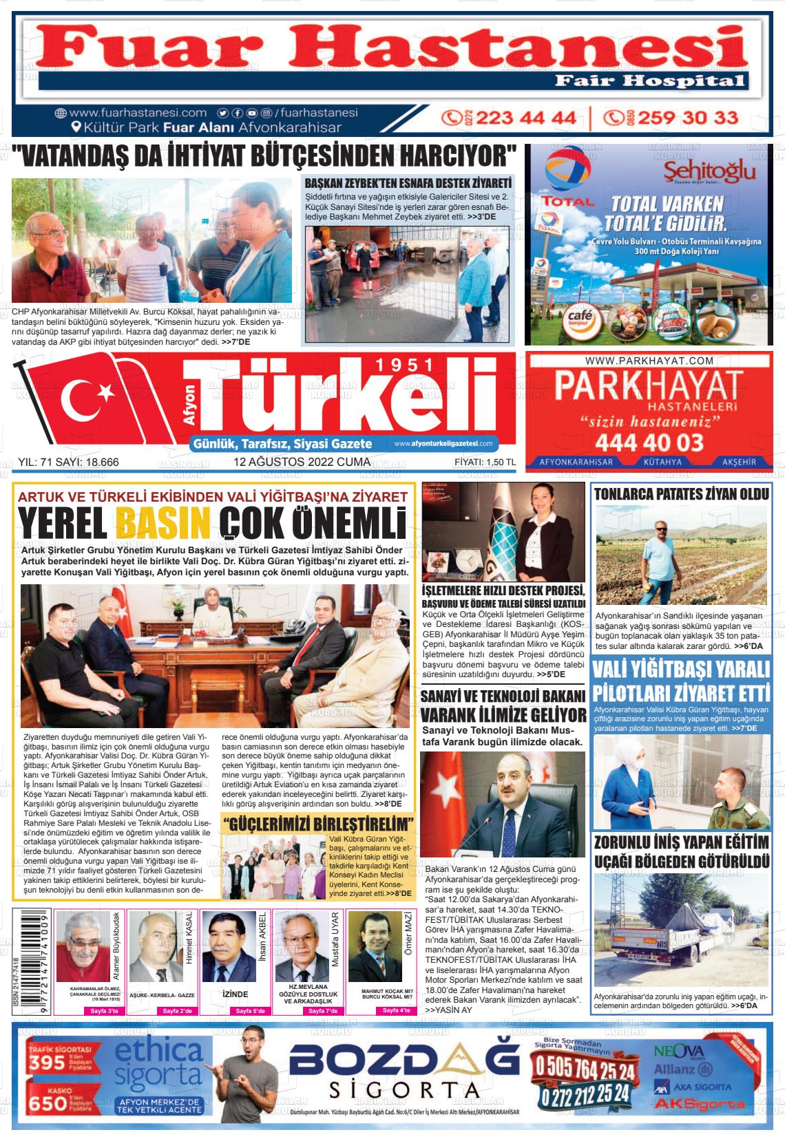 12 Ağustos 2022 Afyon Türkeli Gazete Manşeti