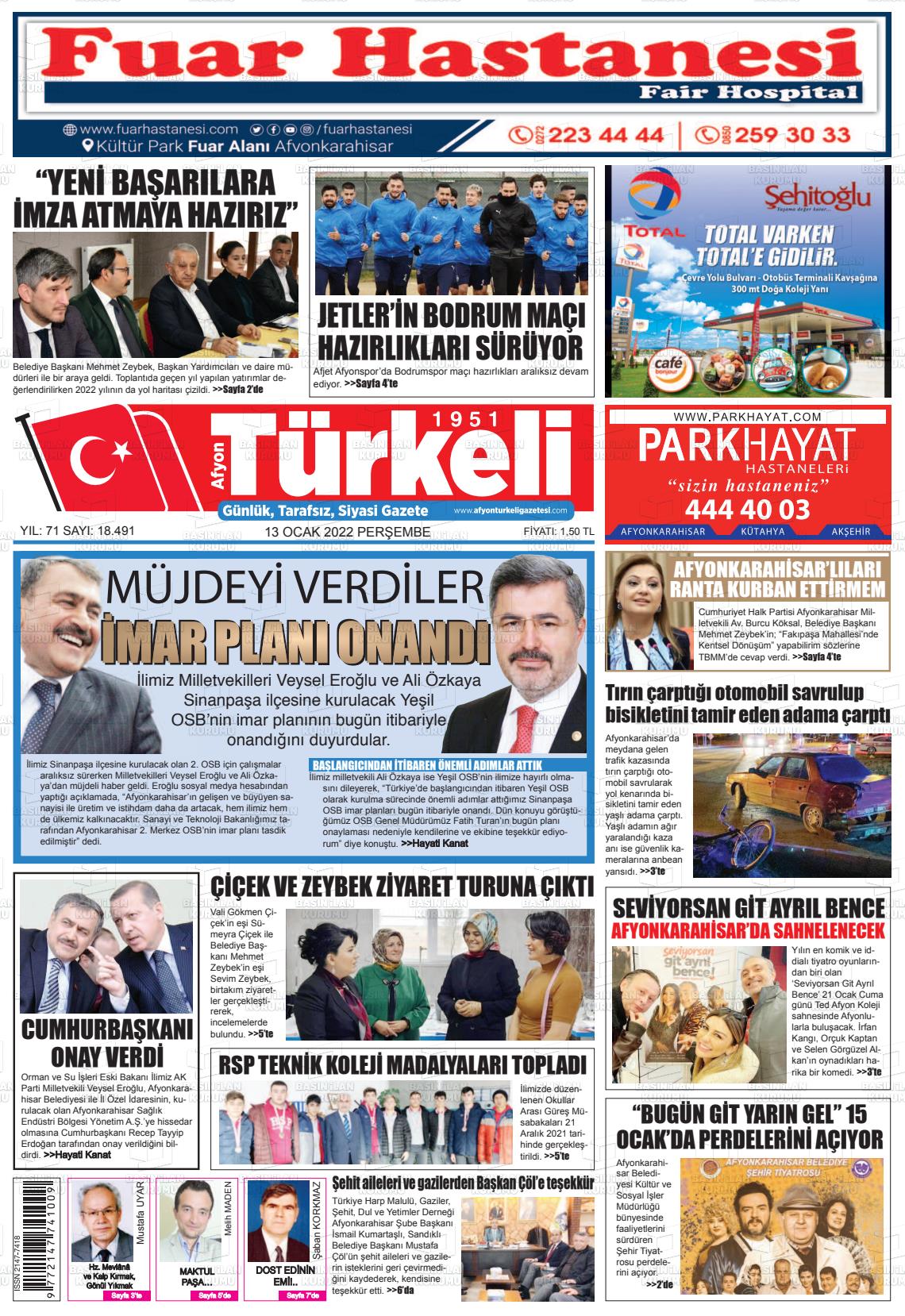 13 Ocak 2022 Afyon Türkeli Gazete Manşeti