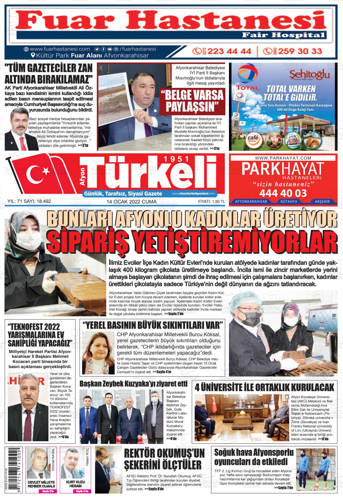 14 Ocak 2022 Afyon Türkeli Gazete Manşeti
