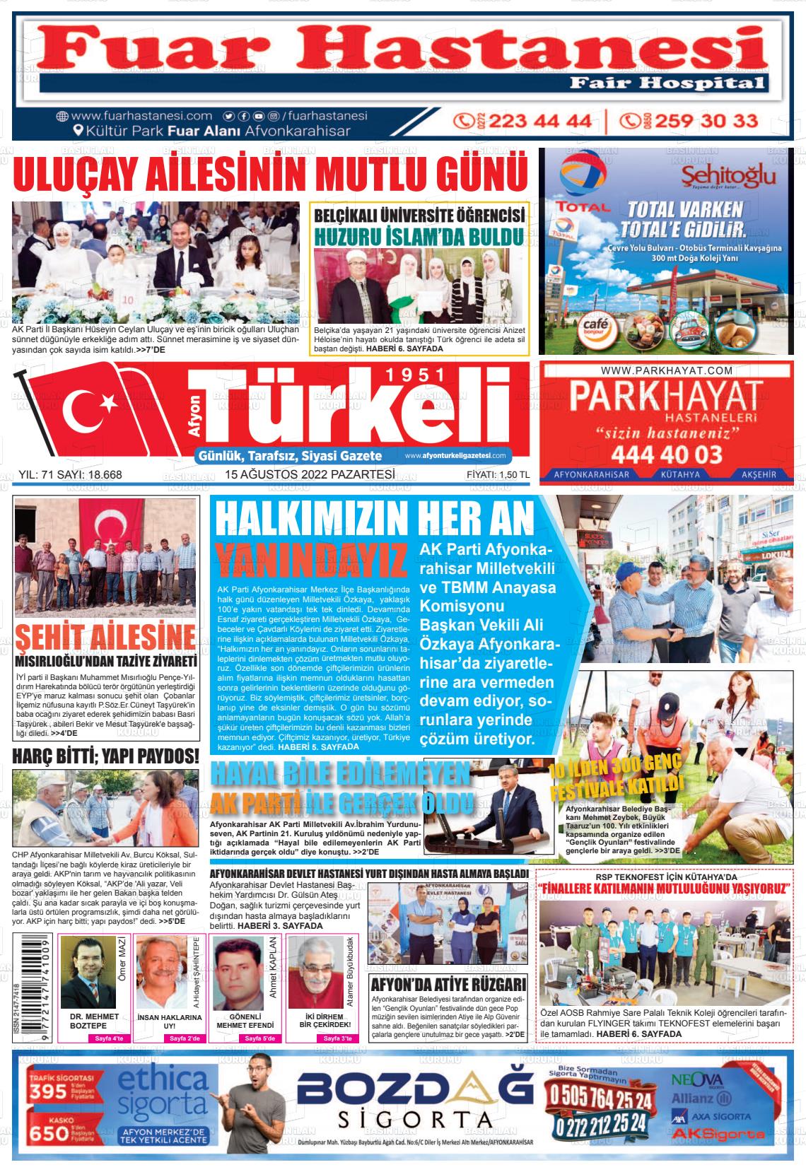 15 Ağustos 2022 Afyon Türkeli Gazete Manşeti