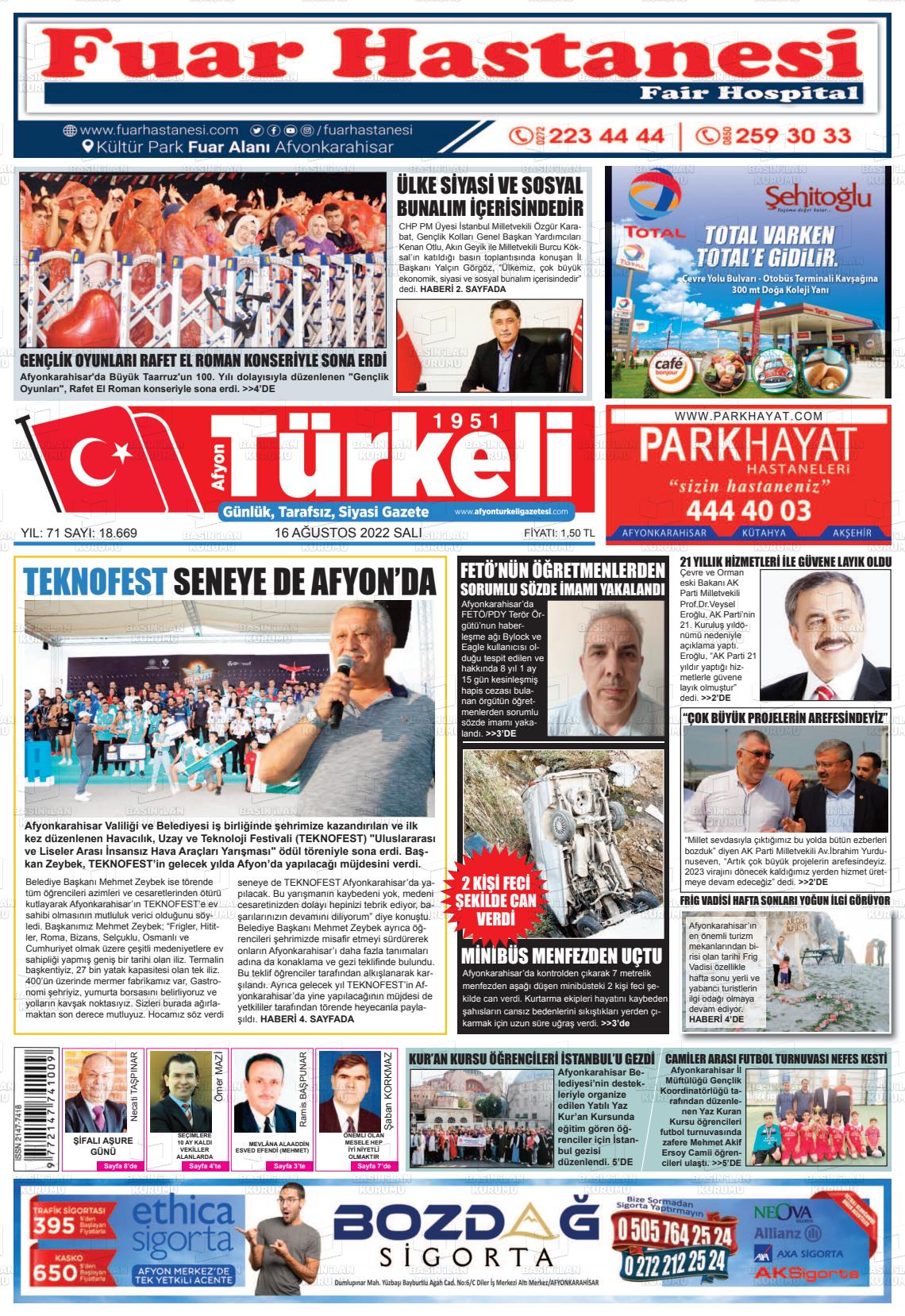 16 Ağustos 2022 Afyon Türkeli Gazete Manşeti